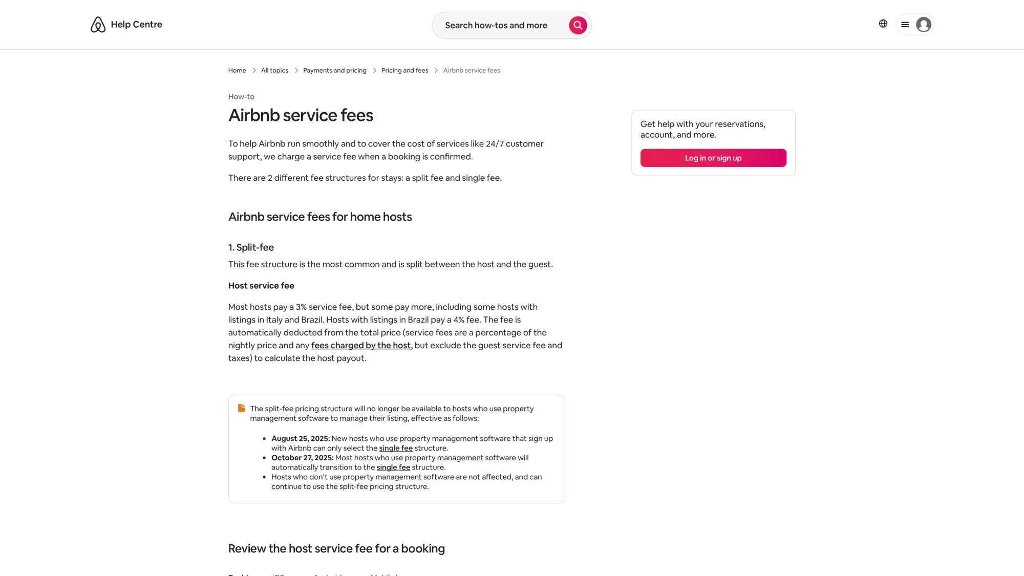 Airbnb Help Center article explaining host service fee structure and payment processing