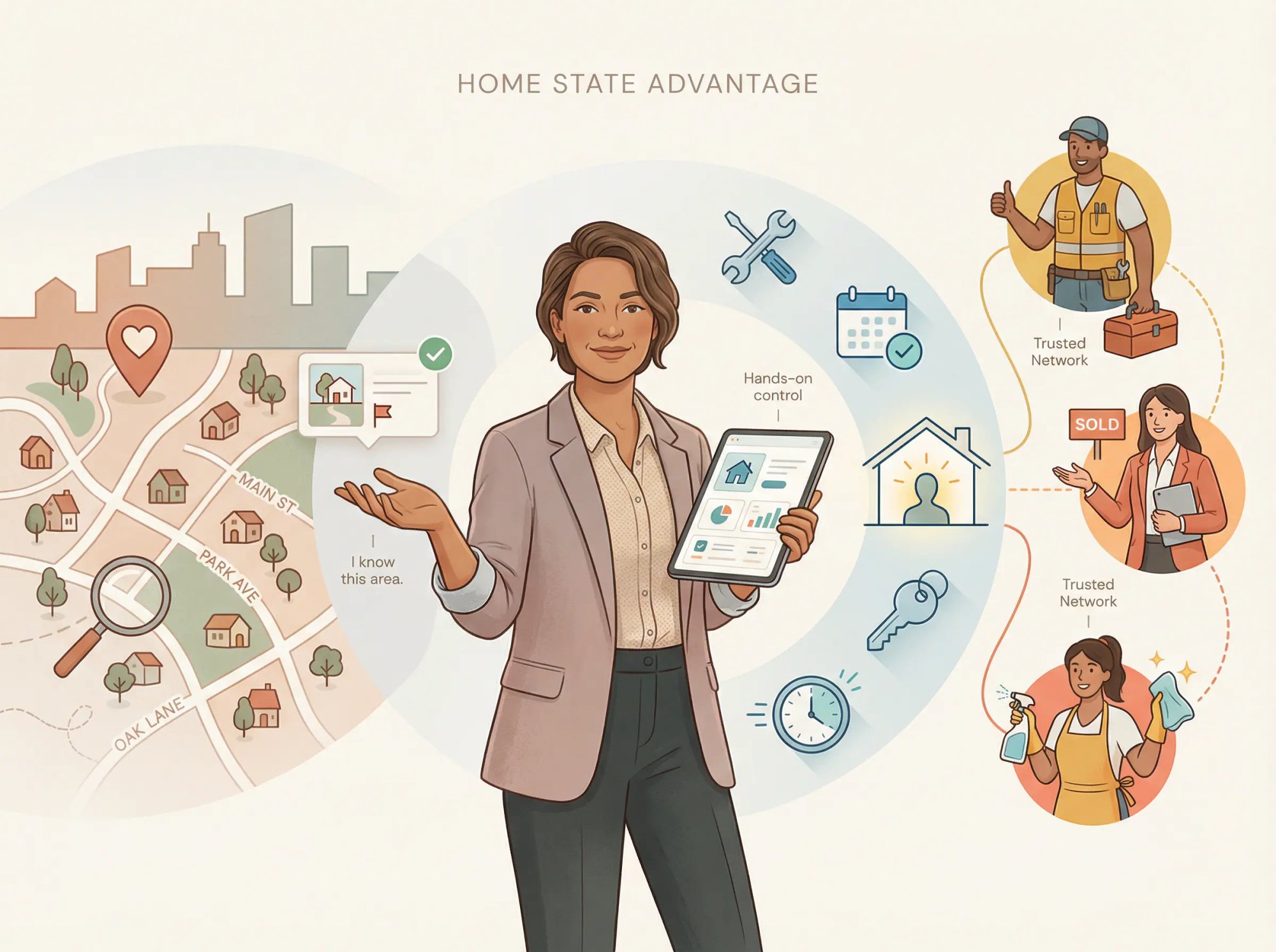 Editorial illustration showing the three key advantages of buying an Airbnb in your home state: local knowledge, self-management ease, and existing network connections