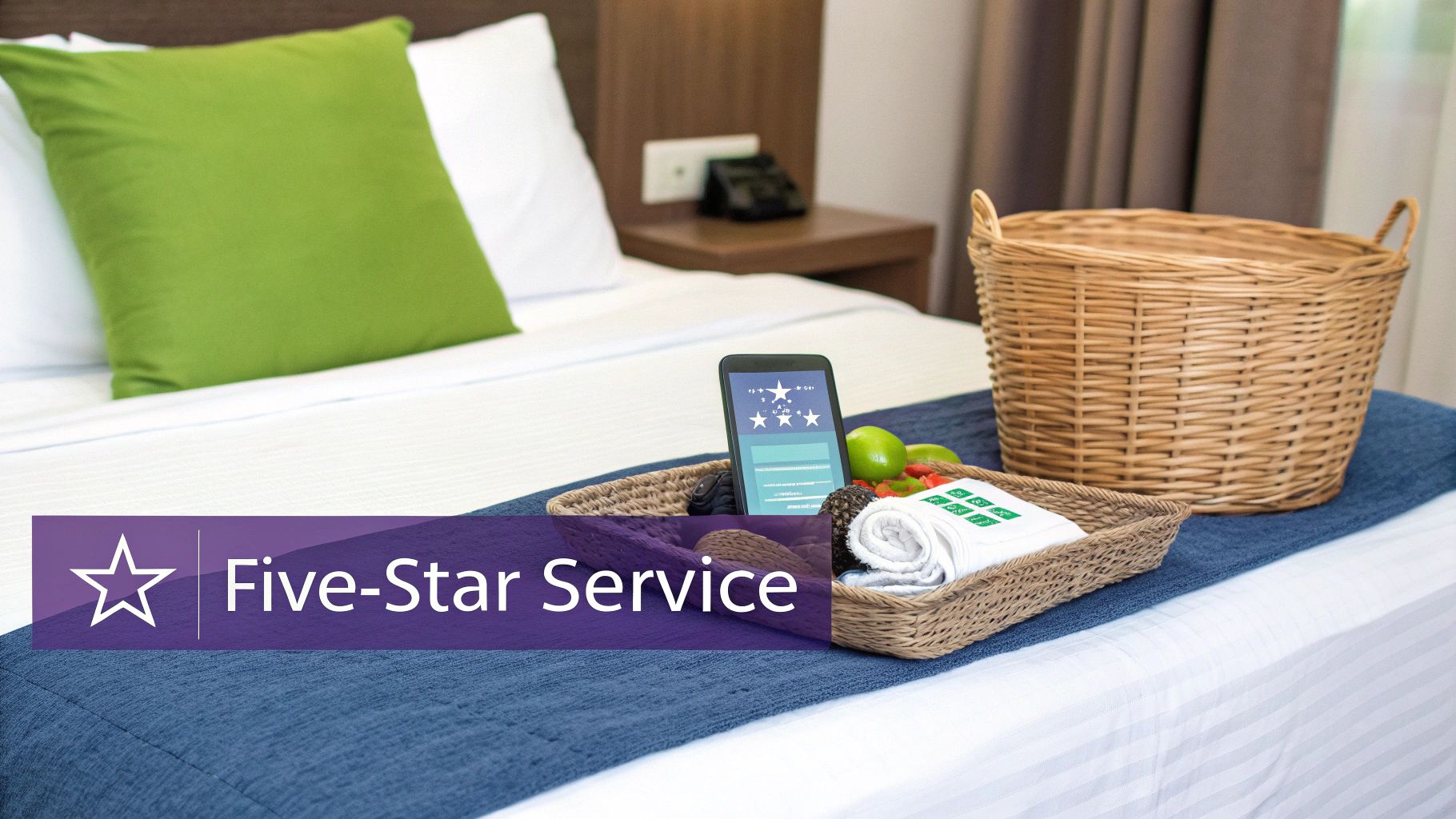 Hotel bed with tablet showing five-star rating, wicker baskets, towels, and fresh fruit display