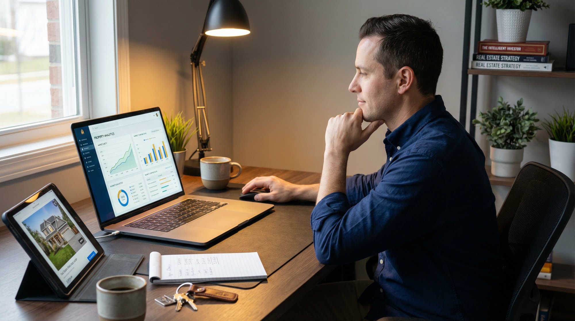 Investor confidently analyzing property data on laptop with financial charts and keys, representing informed STR investment decisions during market uncertainty