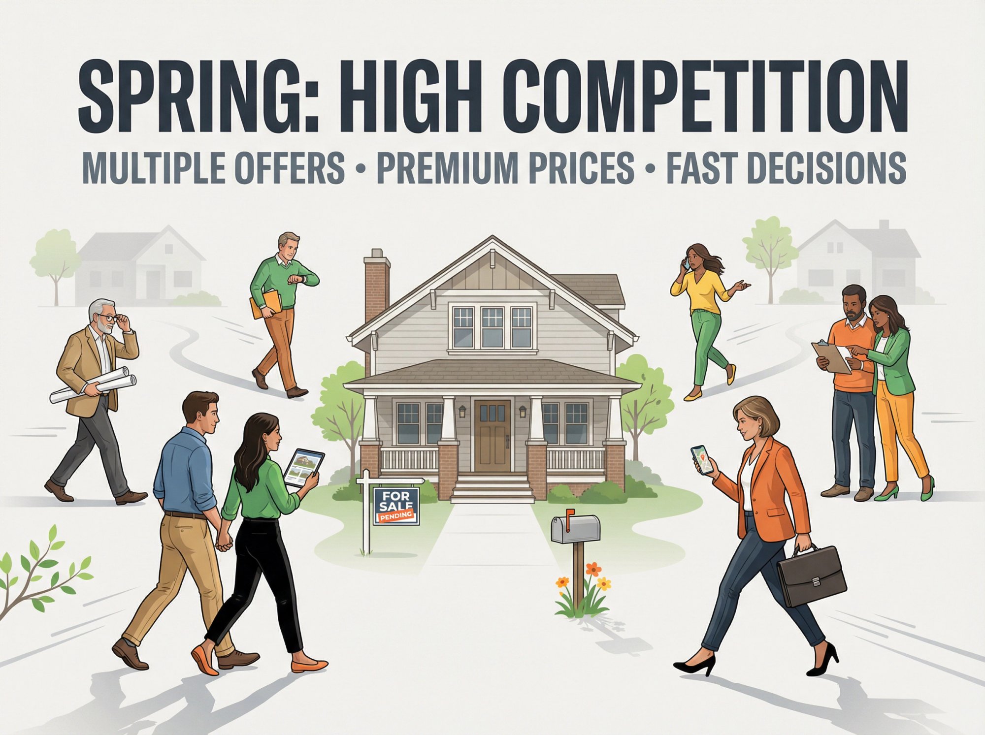 Editorial illustration showing multiple prospective buyers converging on a single property during competitive spring real estate season