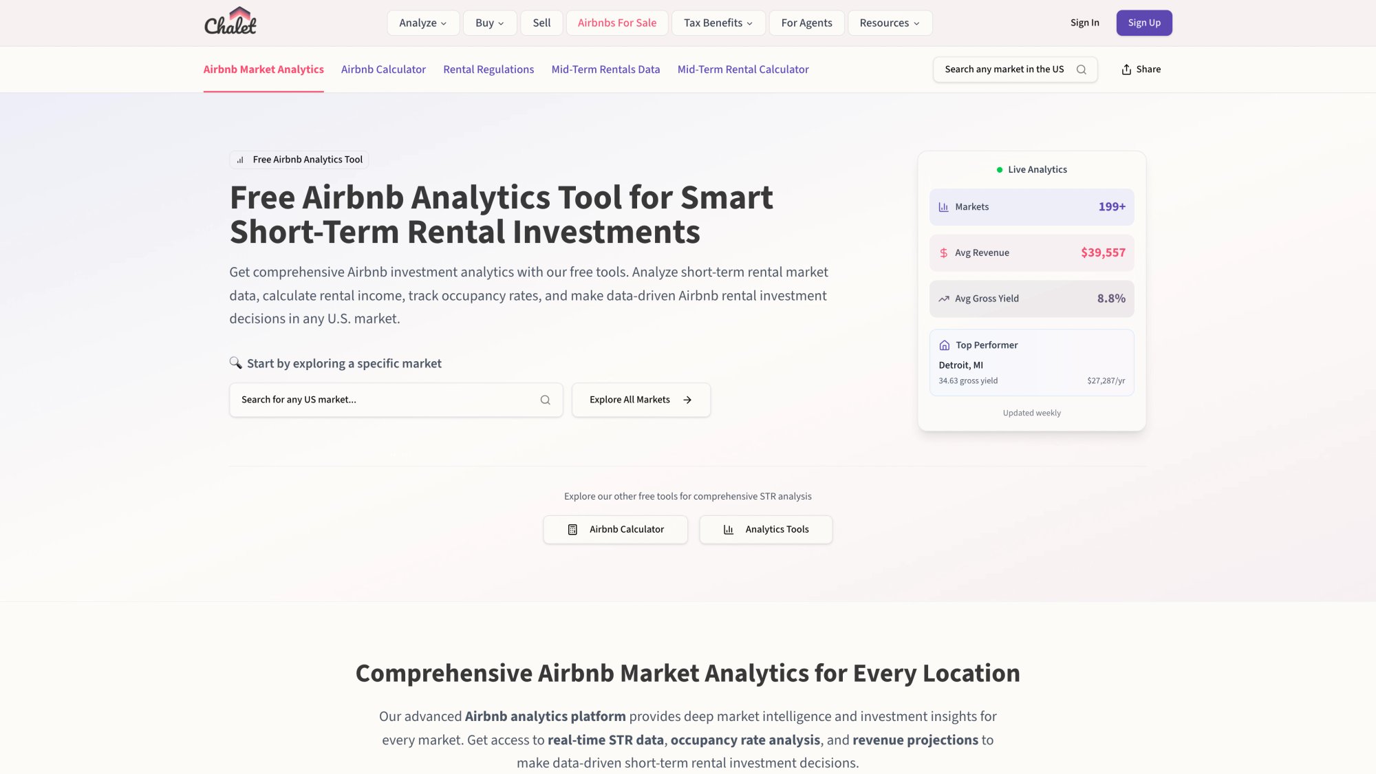 Chalet market analytics dashboard displaying Airbnb occupancy rates, ADR, and revenue trends by location