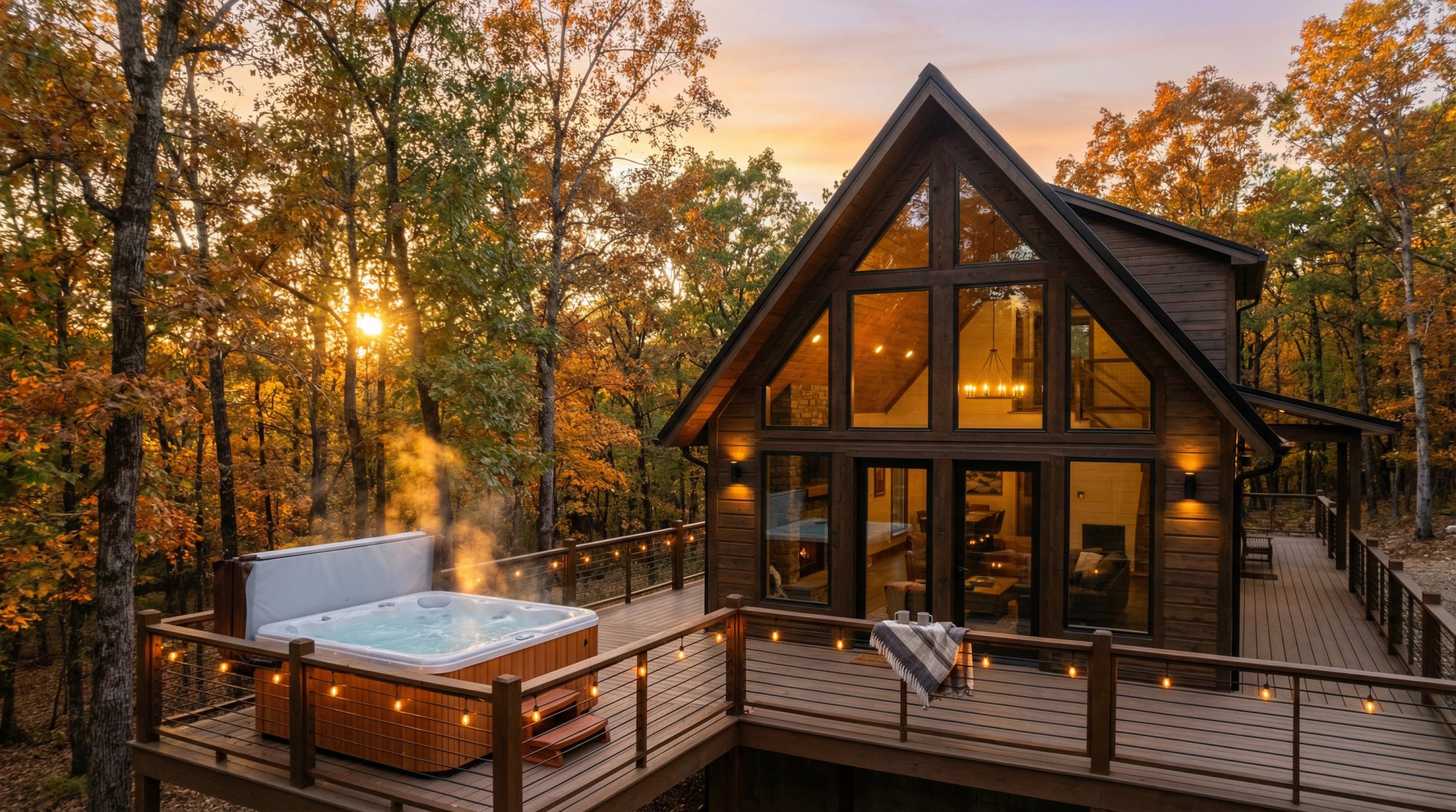 Modern luxury cabin with outdoor hot tub nestled in the Ouachita Mountain foothills at golden hour, Broken Bow Oklahoma