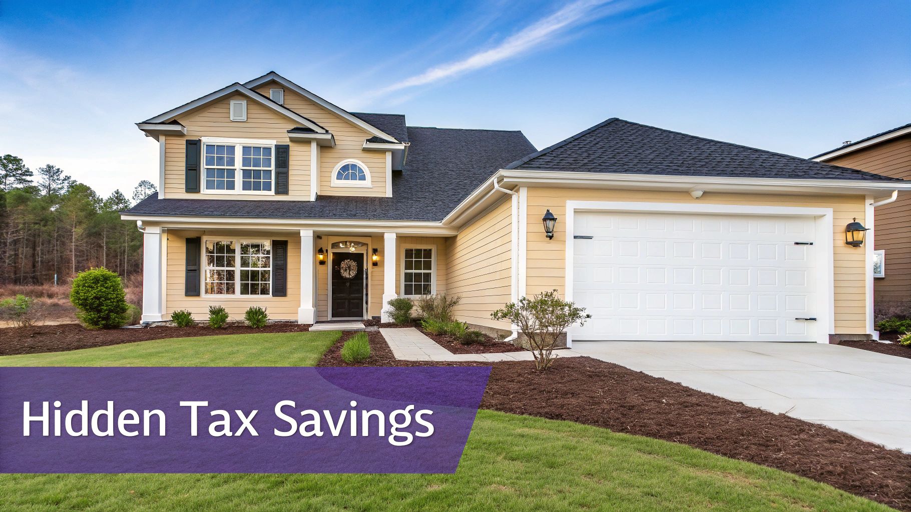 A bright yellow two-story house with a garage, green lawn, and a banner saying 'Hidden Tax Savings'.