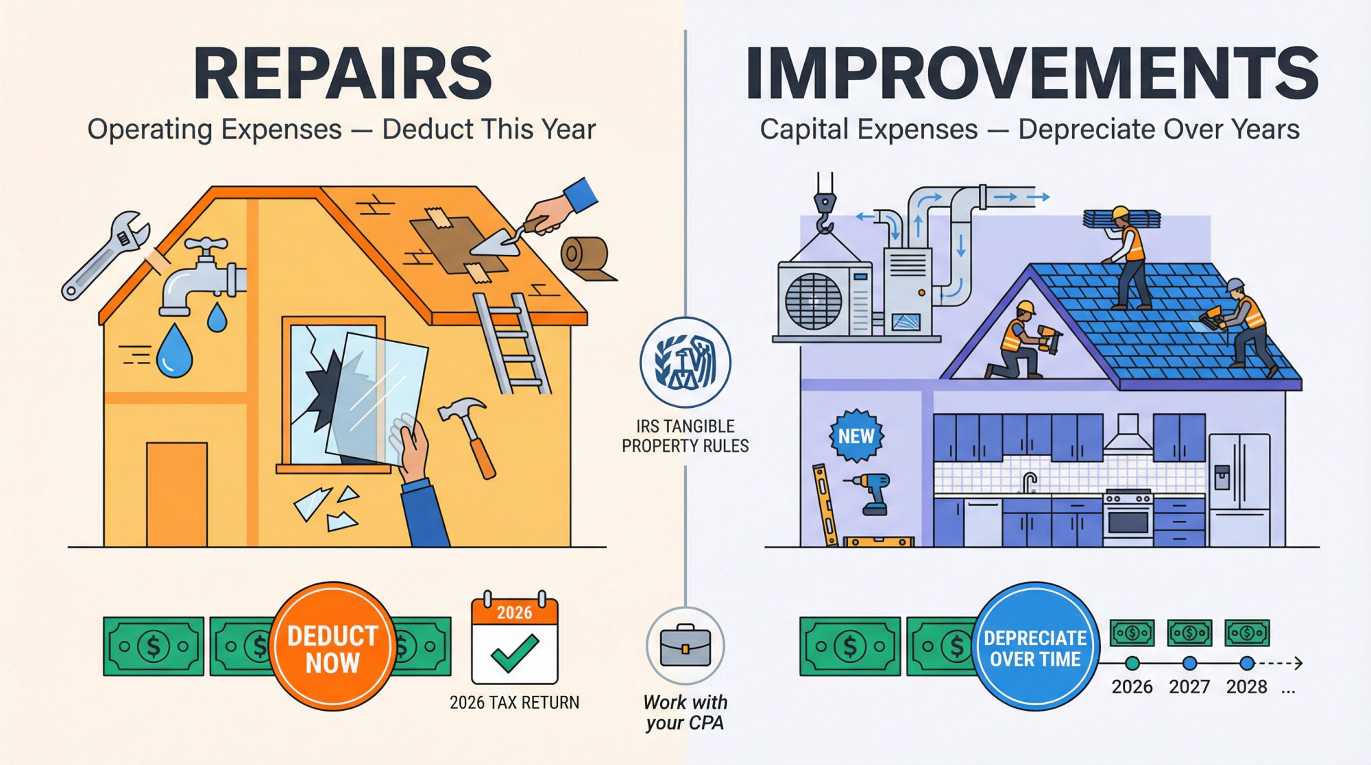 Visual comparison of repairs vs. improvements for Airbnb tax deductions showing operating expenses and capital depreciation