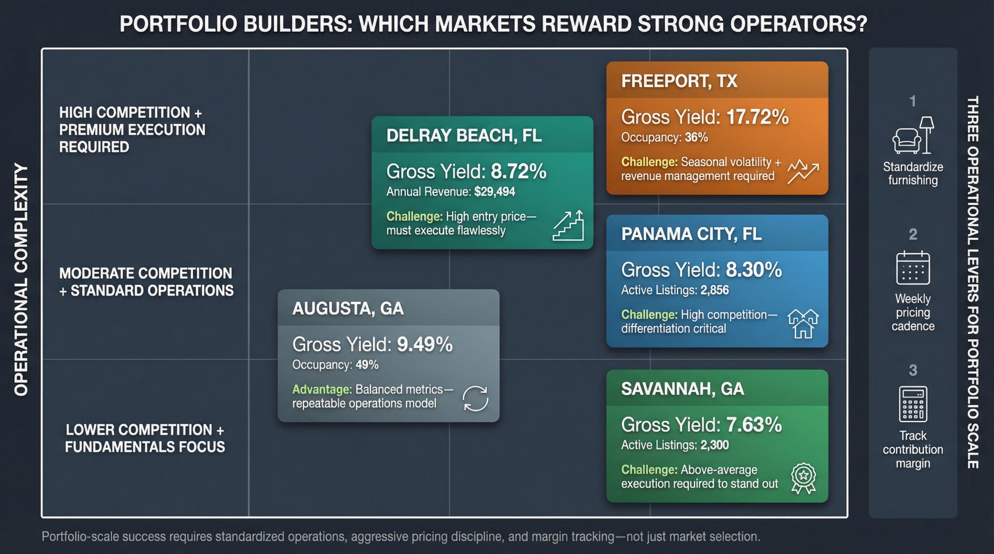 Strategic comparison matrix showing portfolio-scale operations for top Sun Belt STR markets with yield vs. complexity metrics