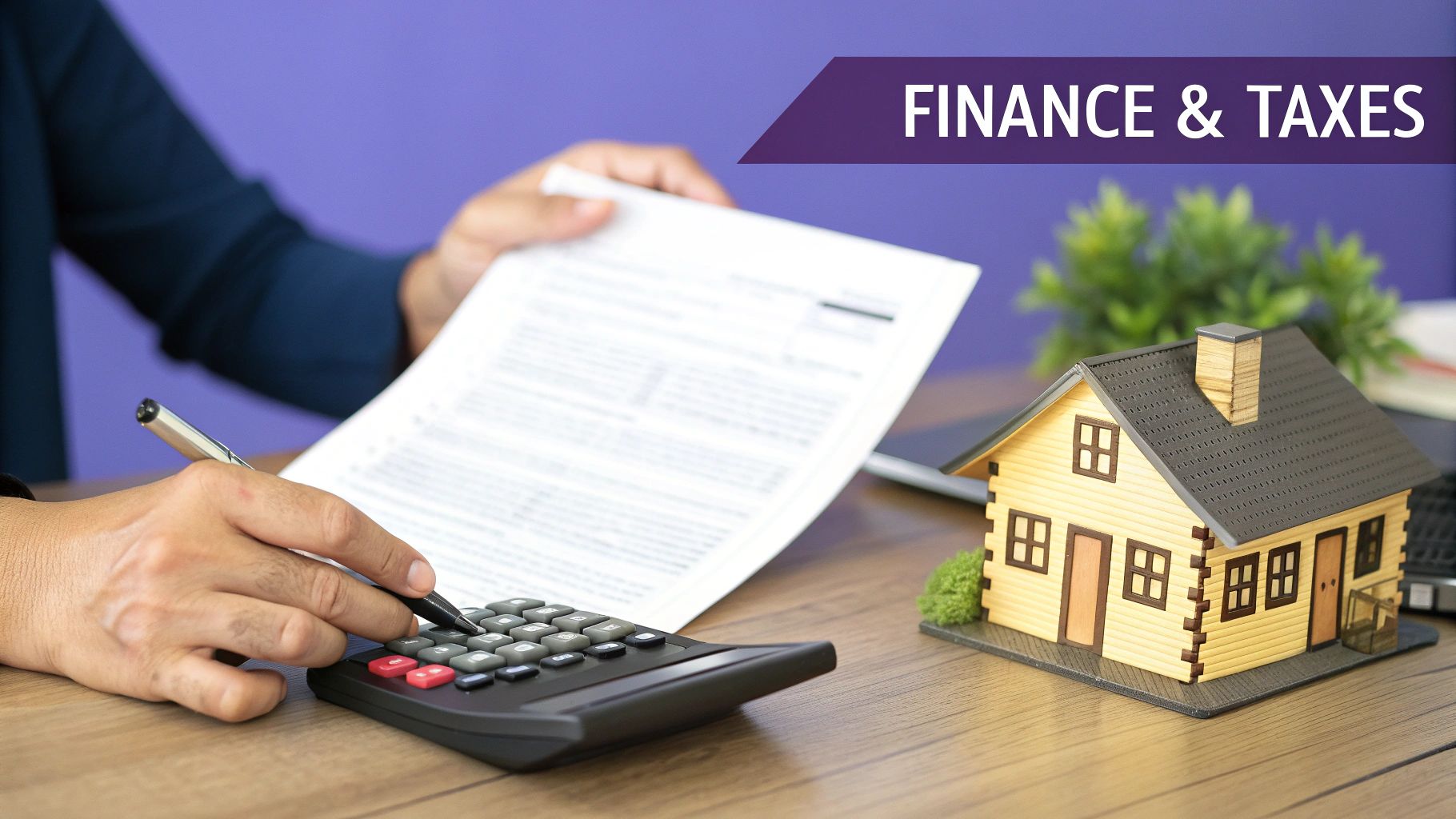 Person calculating property taxes and finances with house model and documents for investment planning
