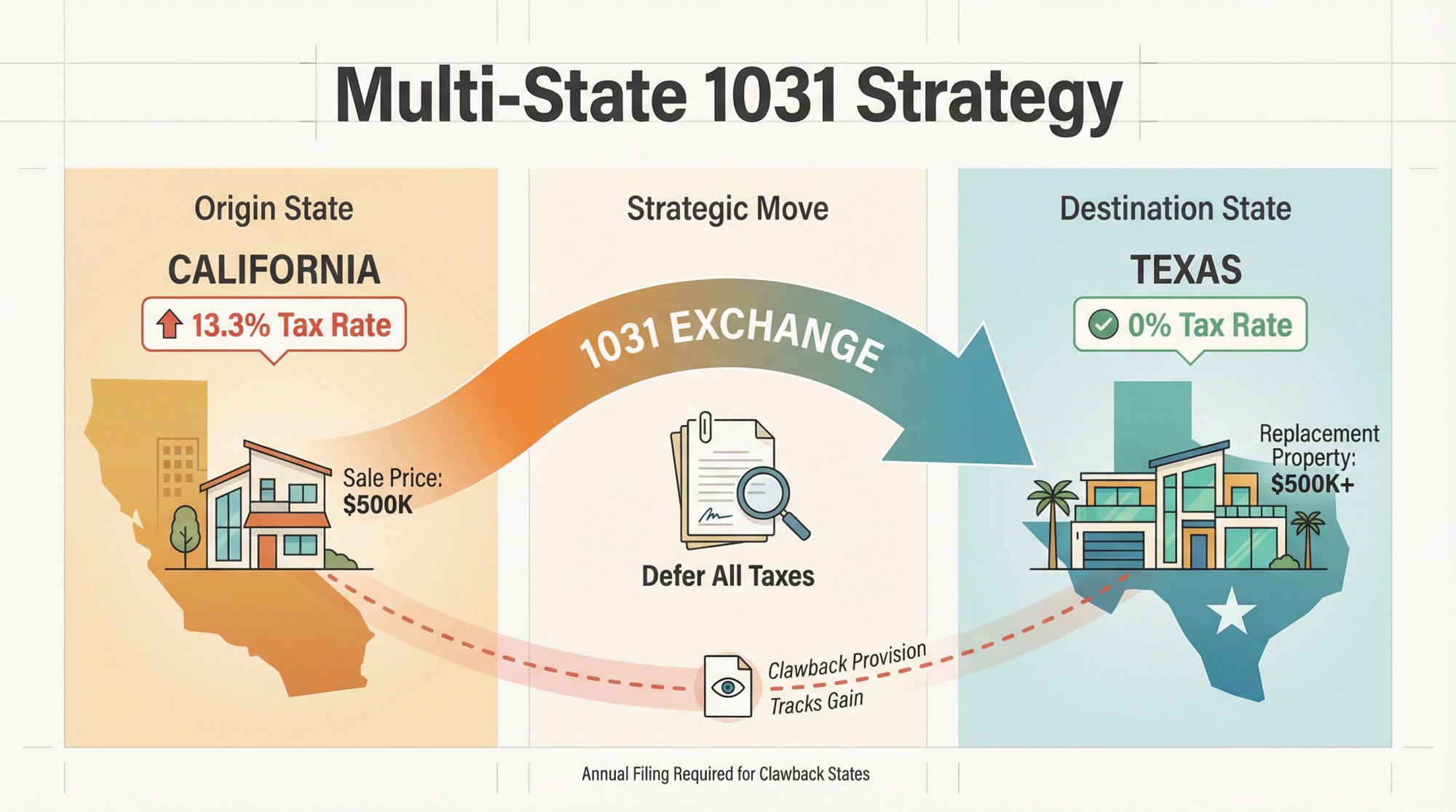 Strategic diagram showing 1031 exchange from California to Texas with clawback provision tracking