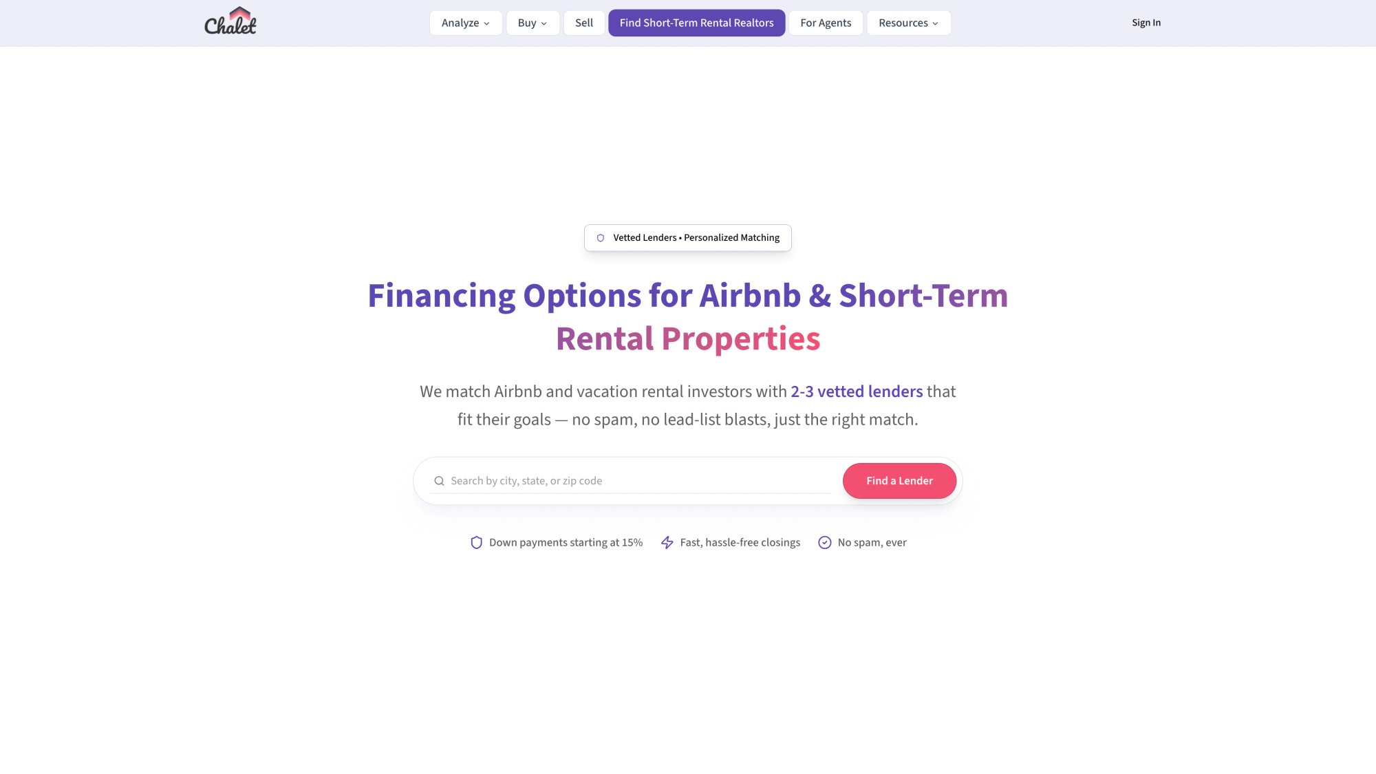 Chalet's vetted lender network showing STR-specialist mortgage providers with DSCR loan options for Airbnb investors