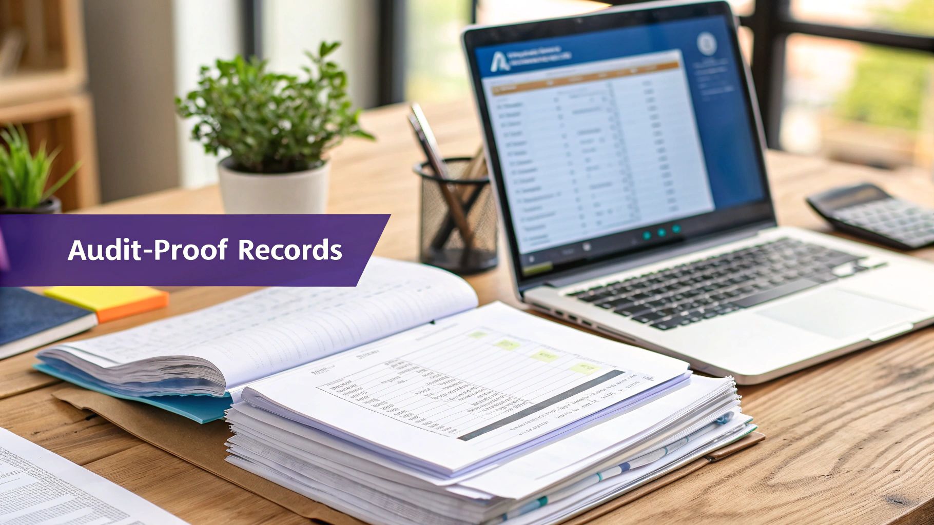 A person carefully organizing receipts and invoices into folders on a clean, modern desk.