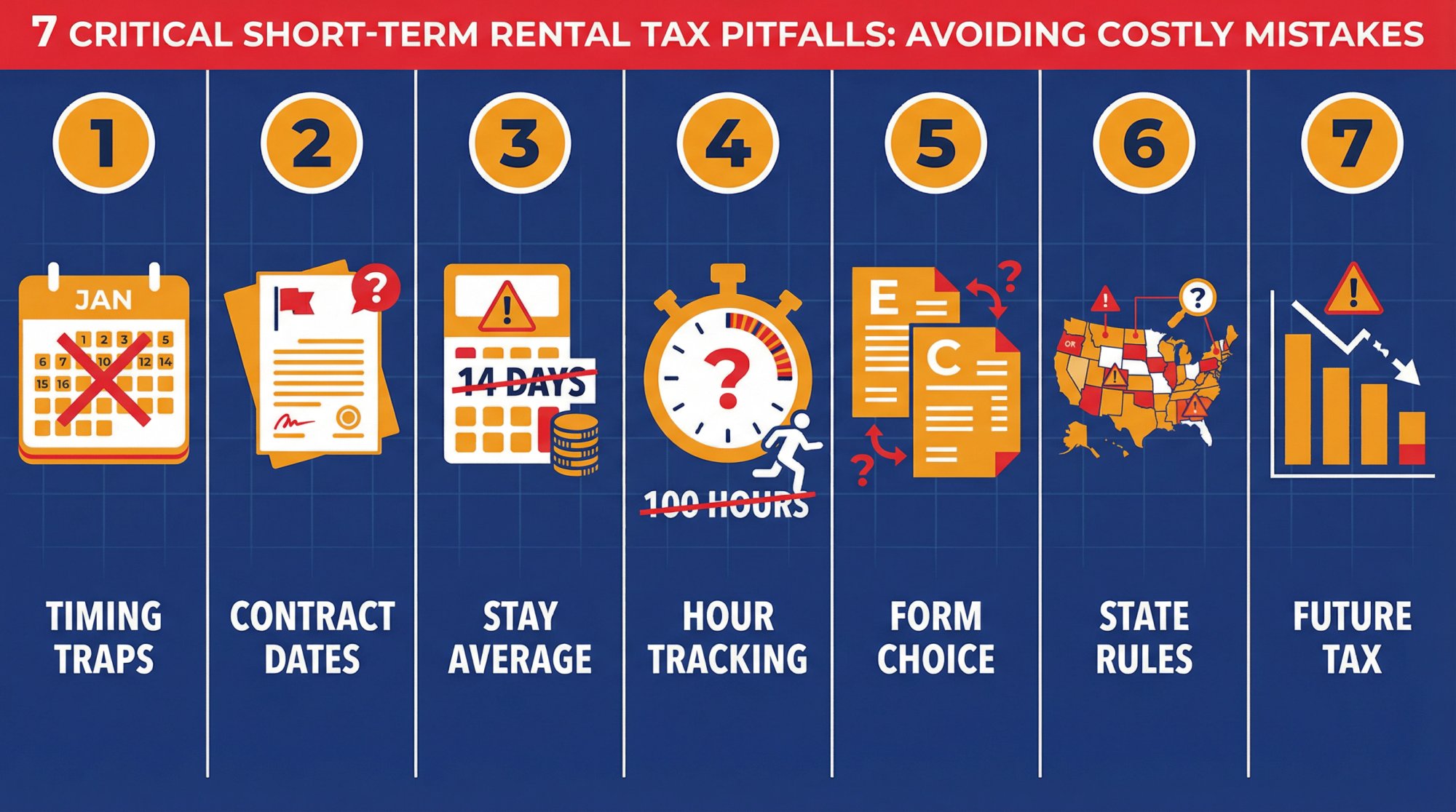 Seven common tax pitfalls that prevent STR owners from claiming deductions: timing, contracts, stay averages, participation tracking, tax forms, state rules, and depreciation recapture