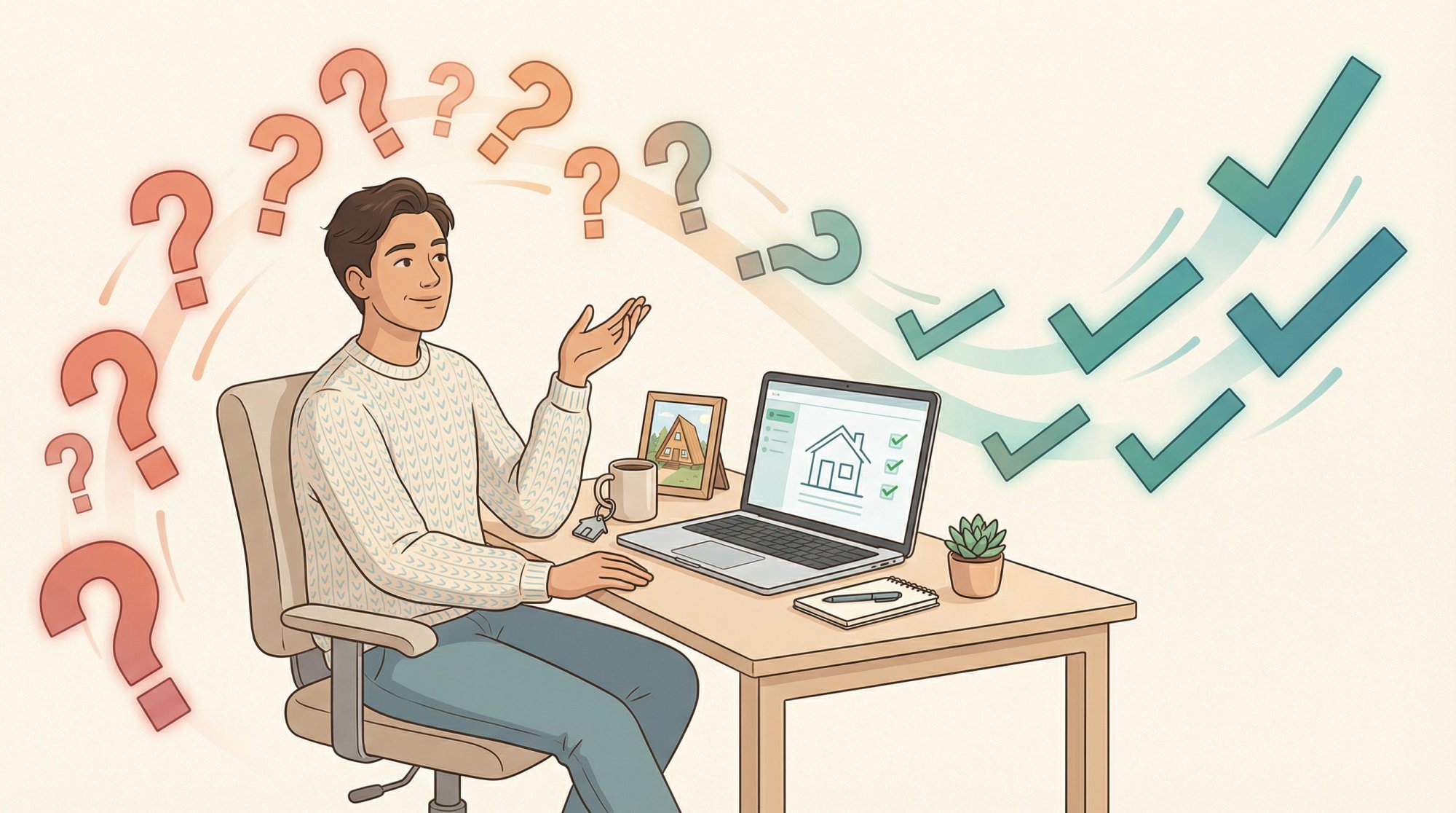 Modern illustration of Airbnb host getting checkout instruction questions answered at laptop with floating Q&A elements