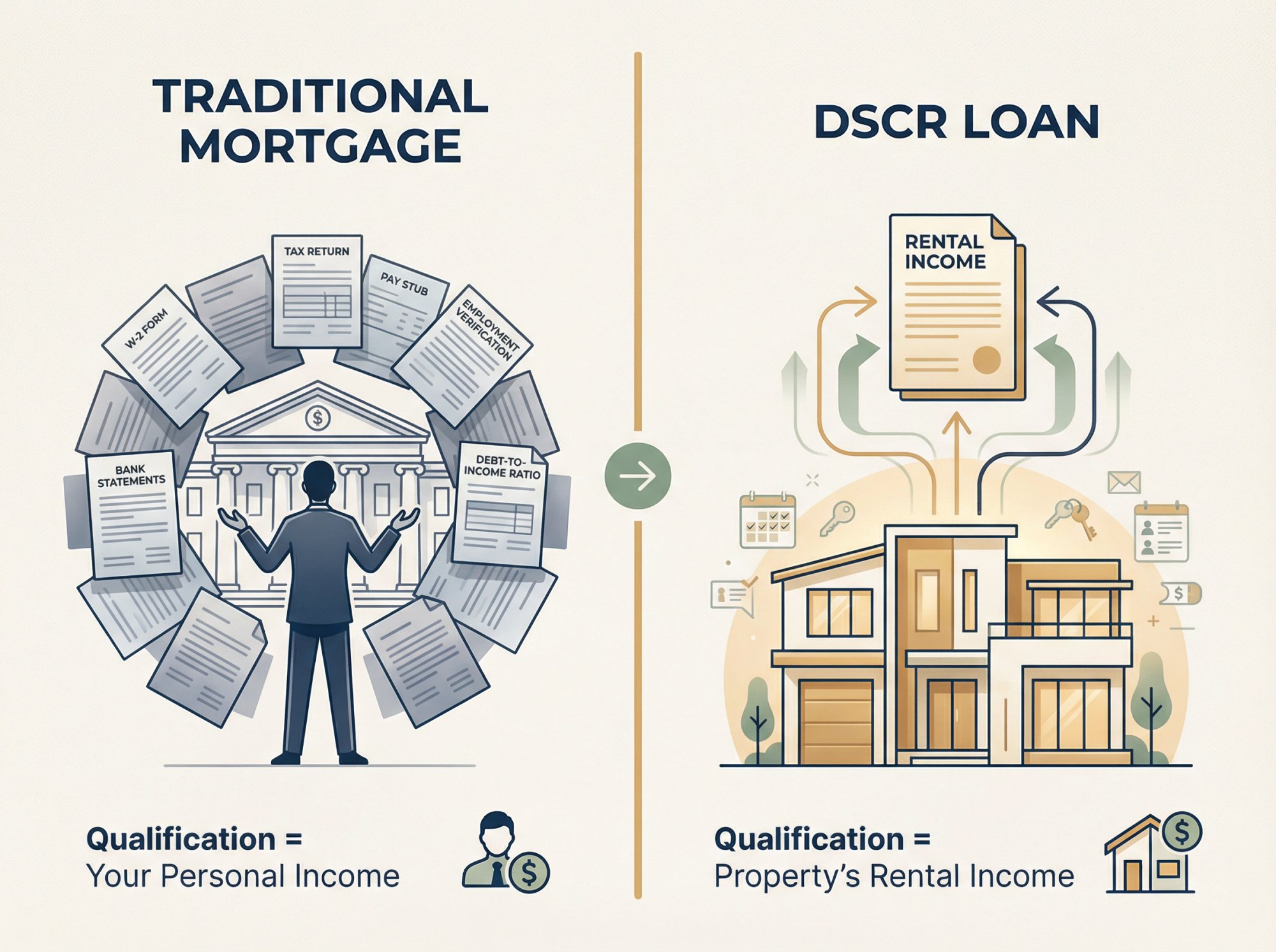 Split comparison showing traditional mortgage focusing on personal income versus DSCR loan focusing on property rental income