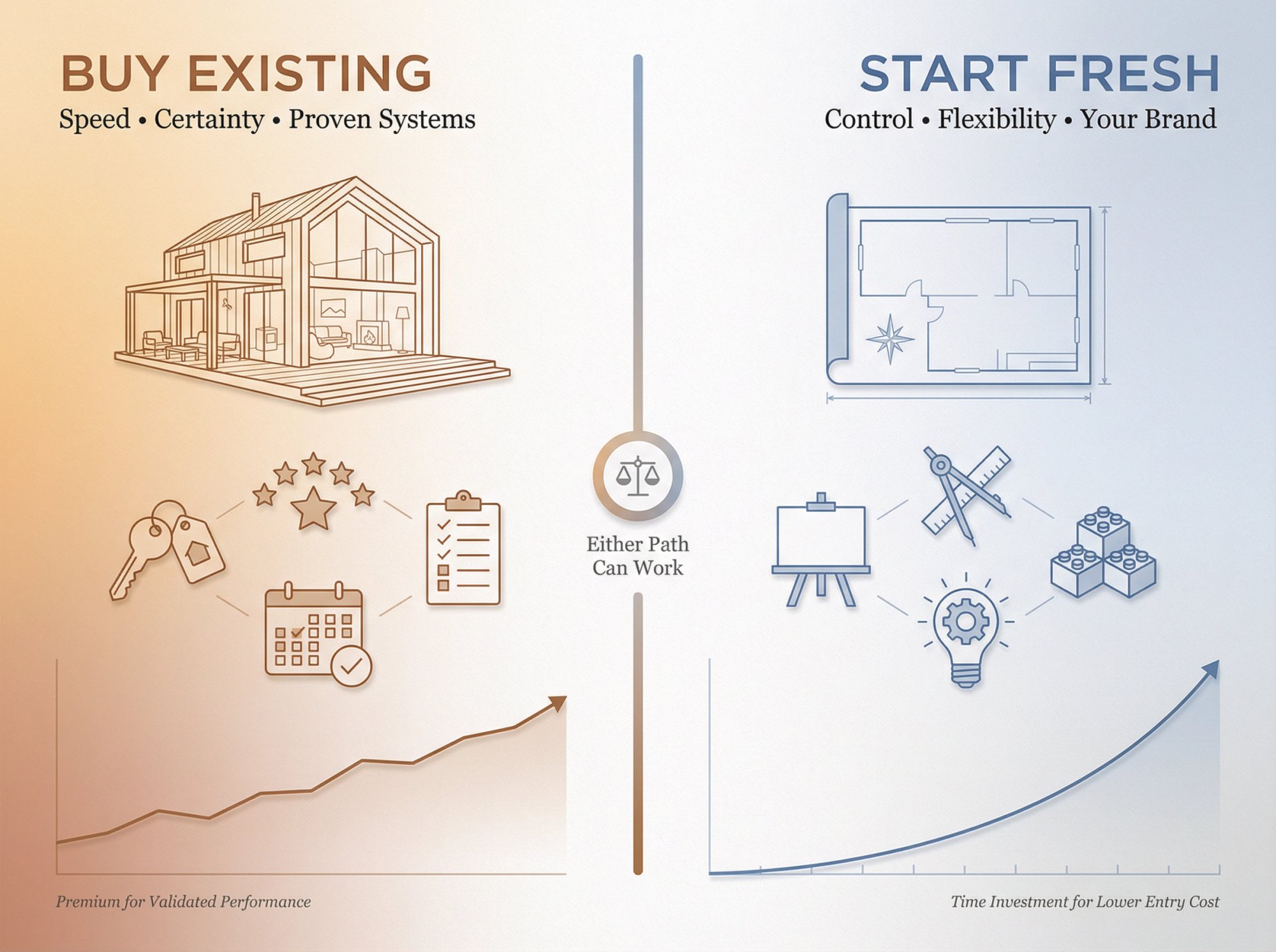 Visual decision framework comparing buying an existing Airbnb versus starting fresh with your own property