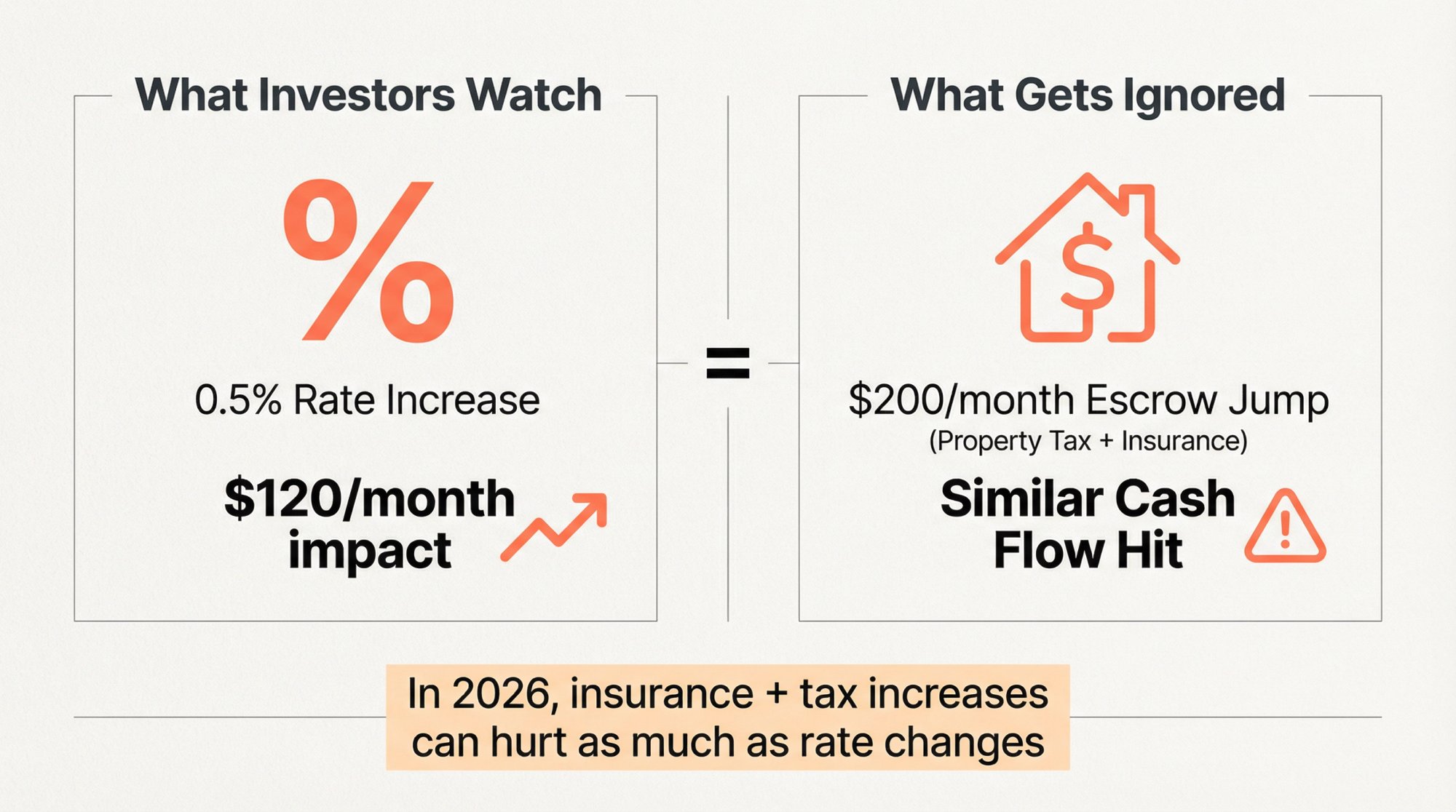 Split comparison showing mortgage rate changes vs property tax and insurance increases with equal cash flow impact
