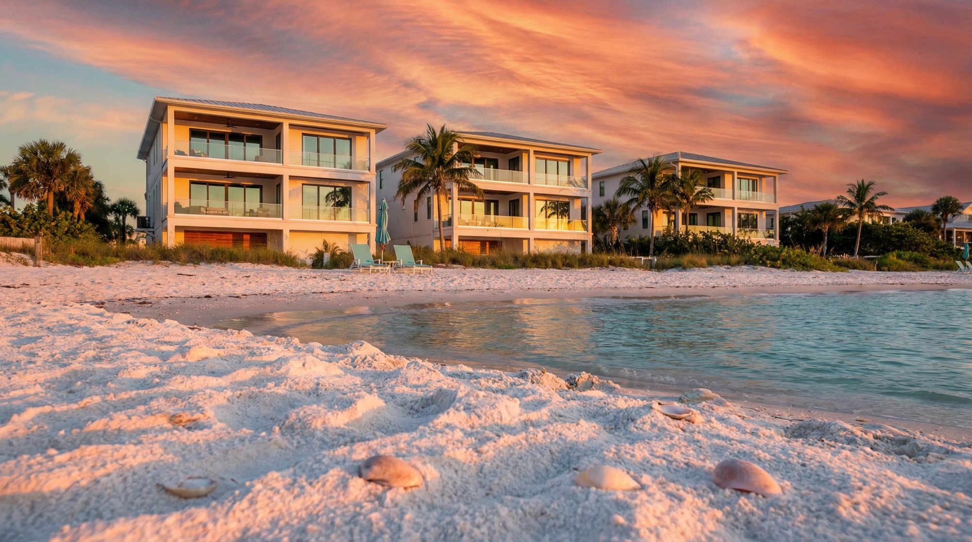 Siesta Key's powdery white quartz sand beach at sunset with upscale beachfront vacation rental properties
