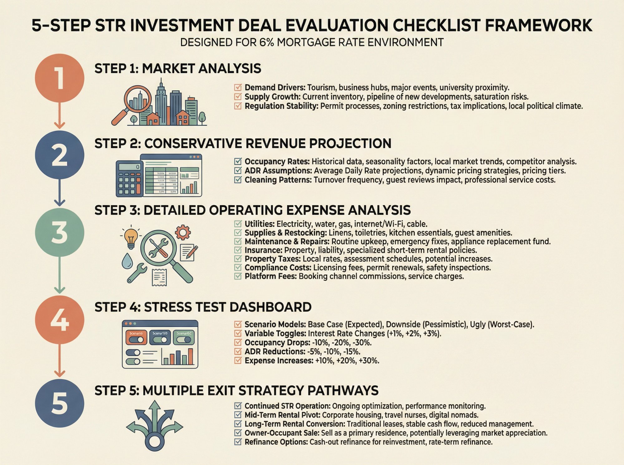 5-step STR deal evaluation checklist for 6% mortgage rates with market research, revenue projections, and stress testing