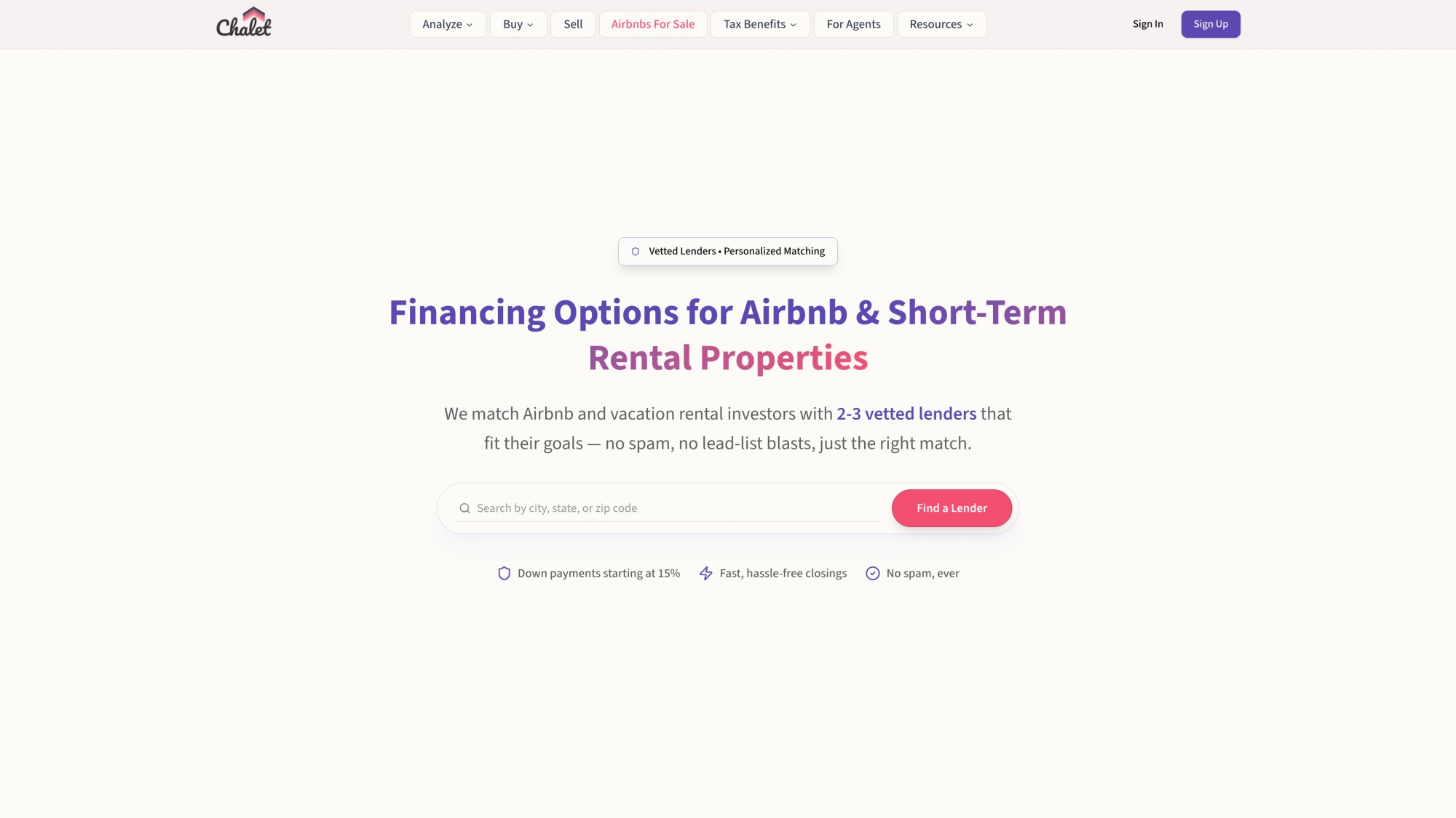 Chalet lender network page showing DSCR loan specialists and Airbnb financing options with vetted partners