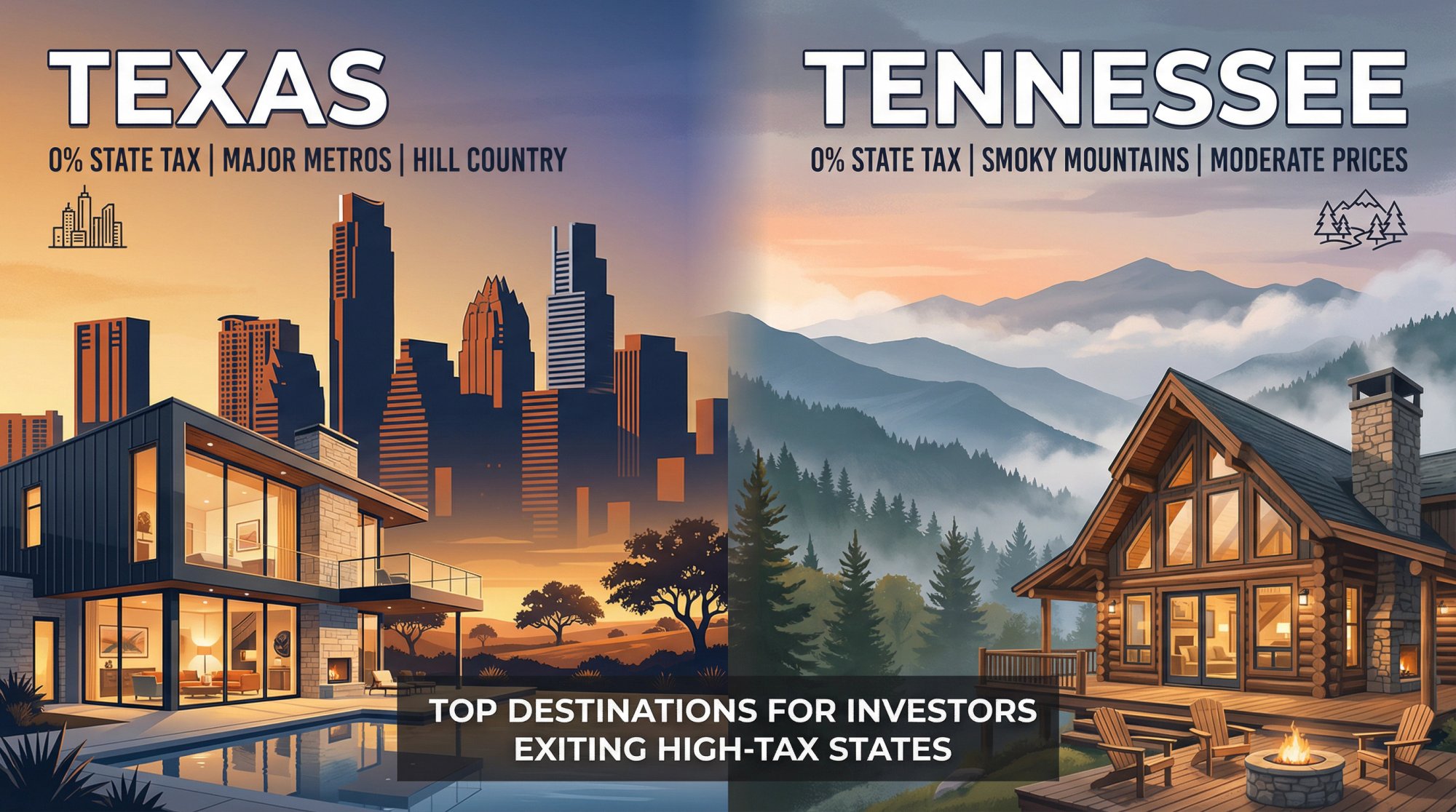 Texas urban skyline and Hill Country vs Tennessee Smoky Mountain cabins—top 0% tax states for 1031 exchanges
