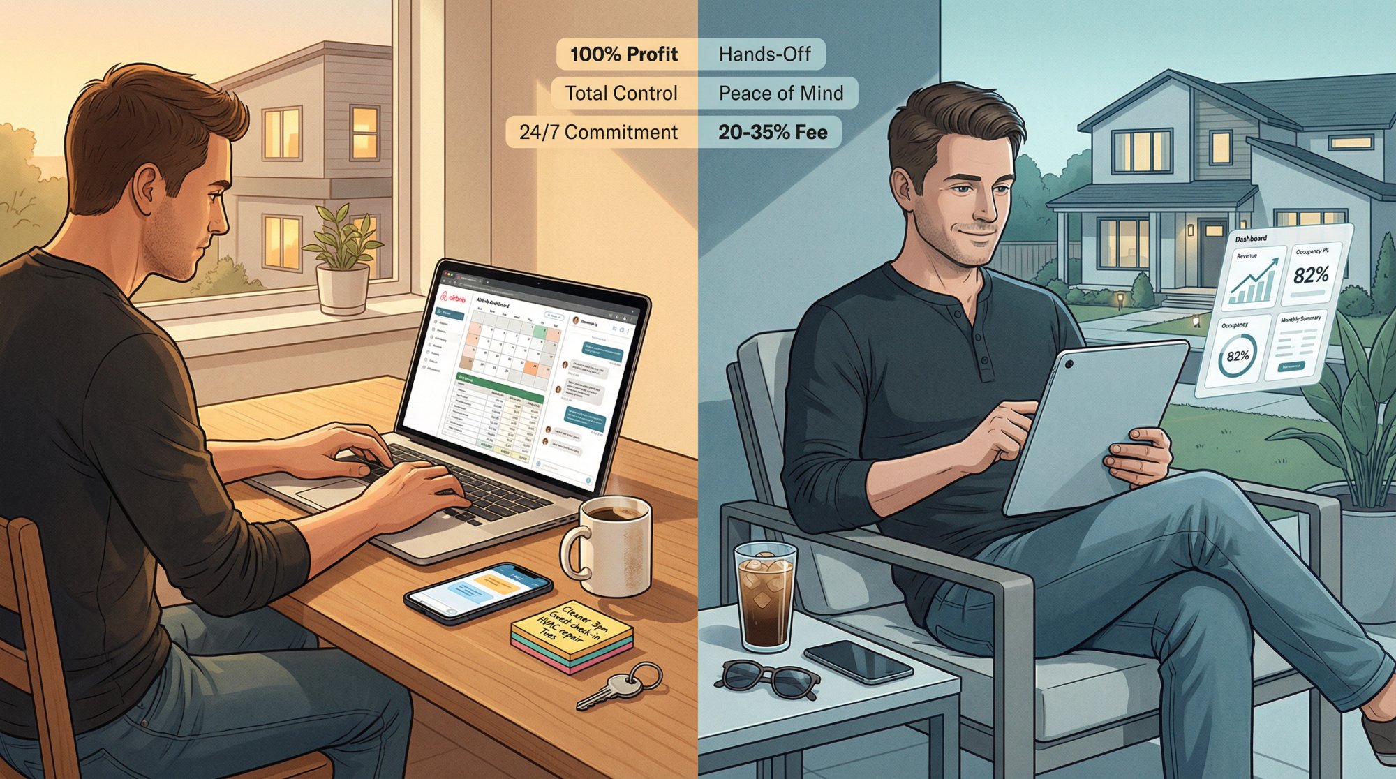 Split-screen comparison of self-managing vs hiring a property manager for an Airbnb rental