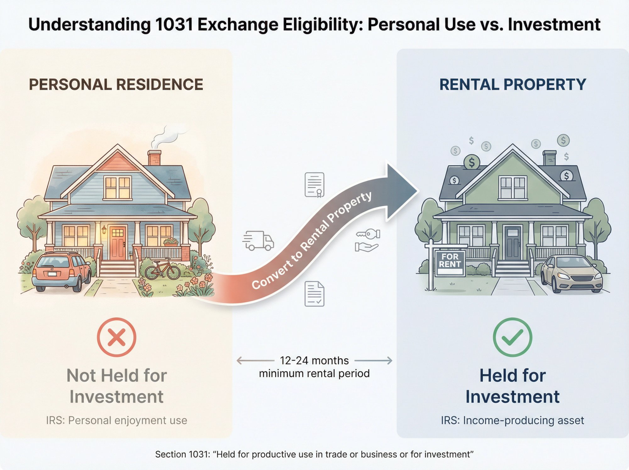 Split-screen comparison showing personal residence ineligible for 1031 exchange versus rental property eligible, with conversion pathway bridging the two