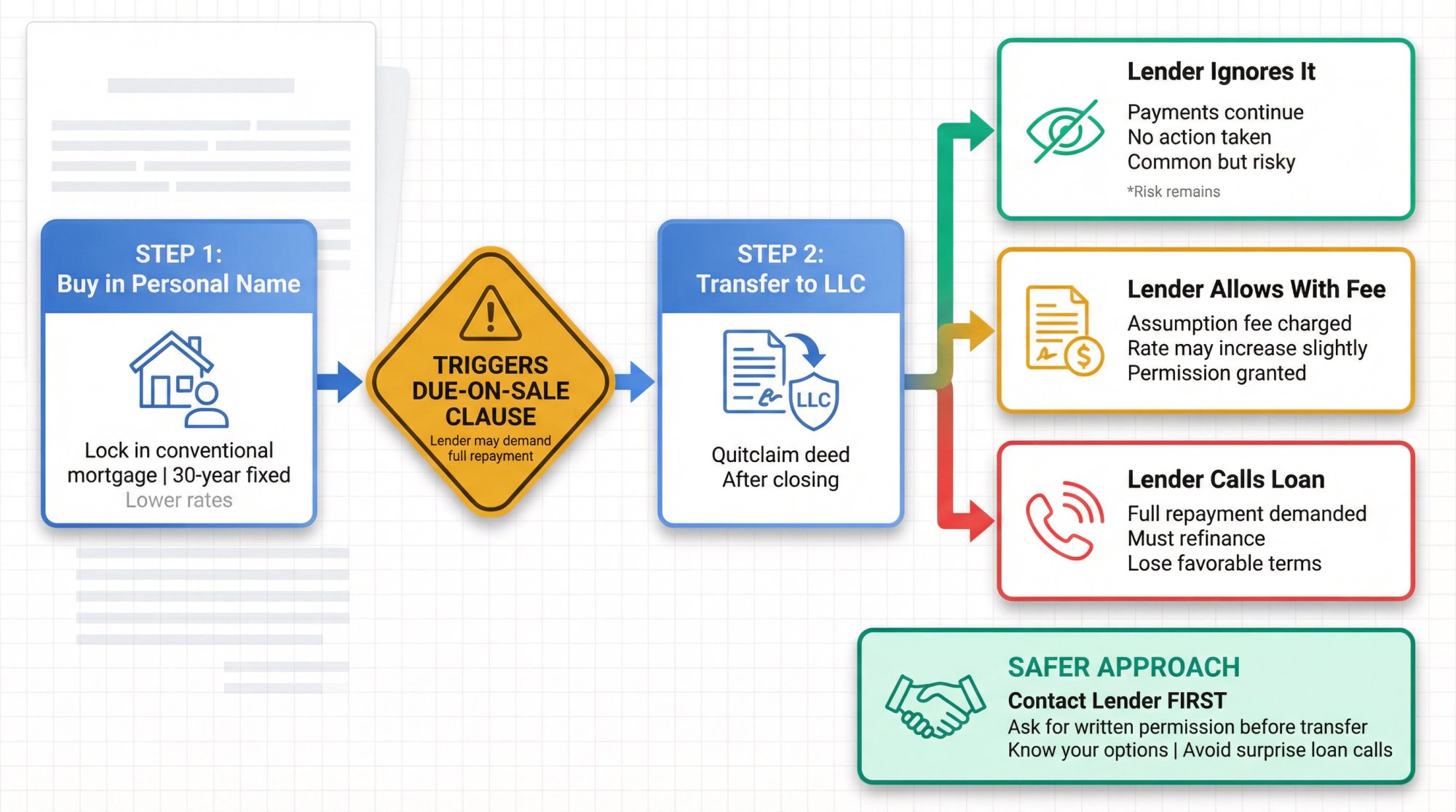 Decision flowchart showing the buy-personal-transfer-later strategy with due-on-sale clause risks and three possible lender responses