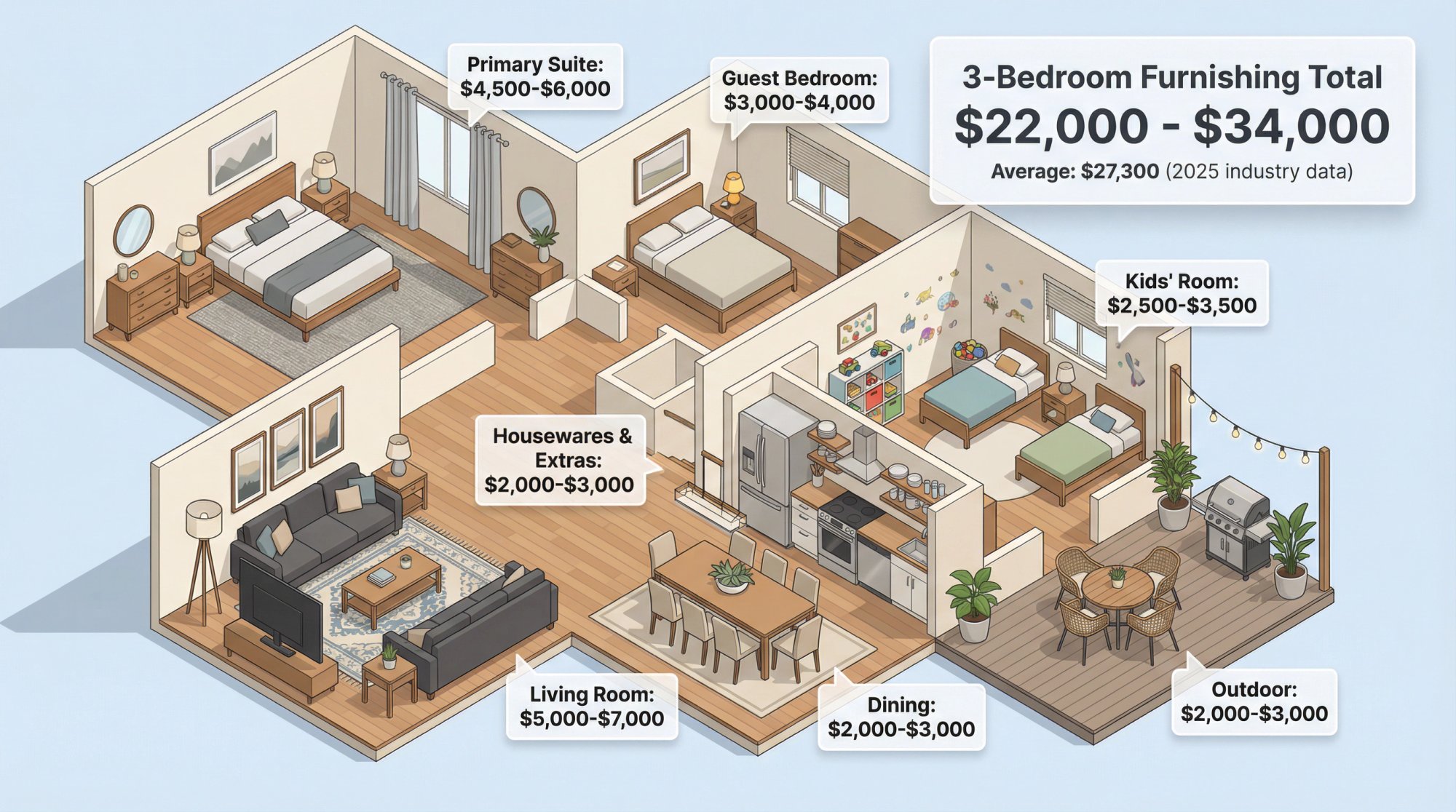 Isometric cutaway view of a fully furnished 3-bedroom Airbnb showing furniture placement and cost allocation across bedroom suites, living room, dining area, and outdoor spaces