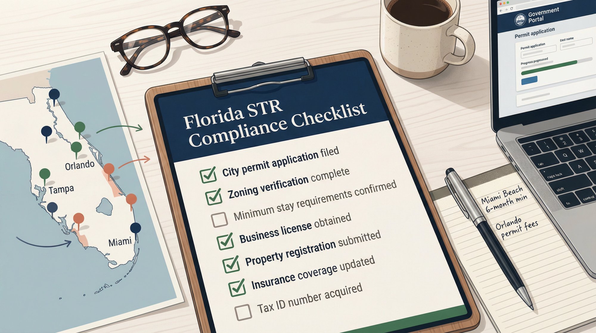 Professional checklist showing Florida STR permit requirements and regulatory compliance items