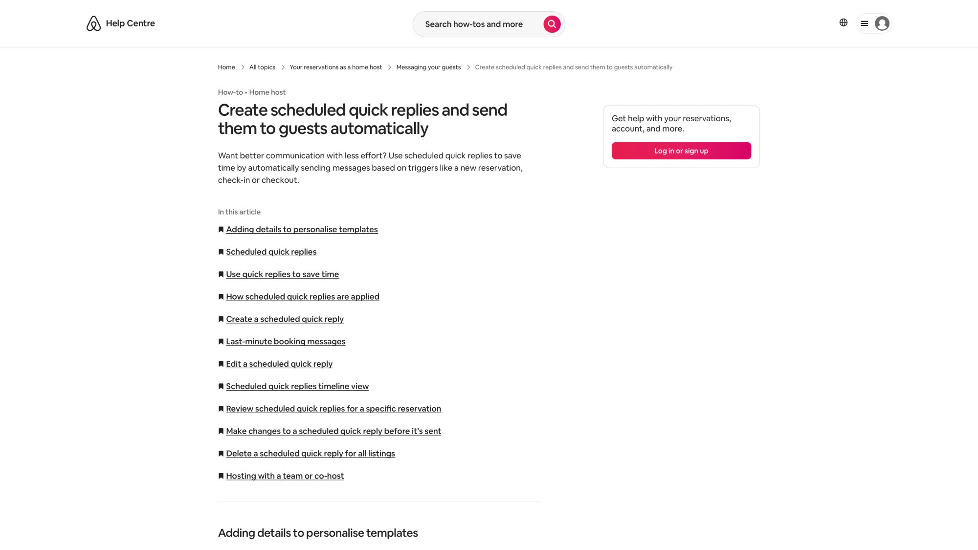 Airbnb help center article detailing how to schedule automated quick reply messages based on booking triggers