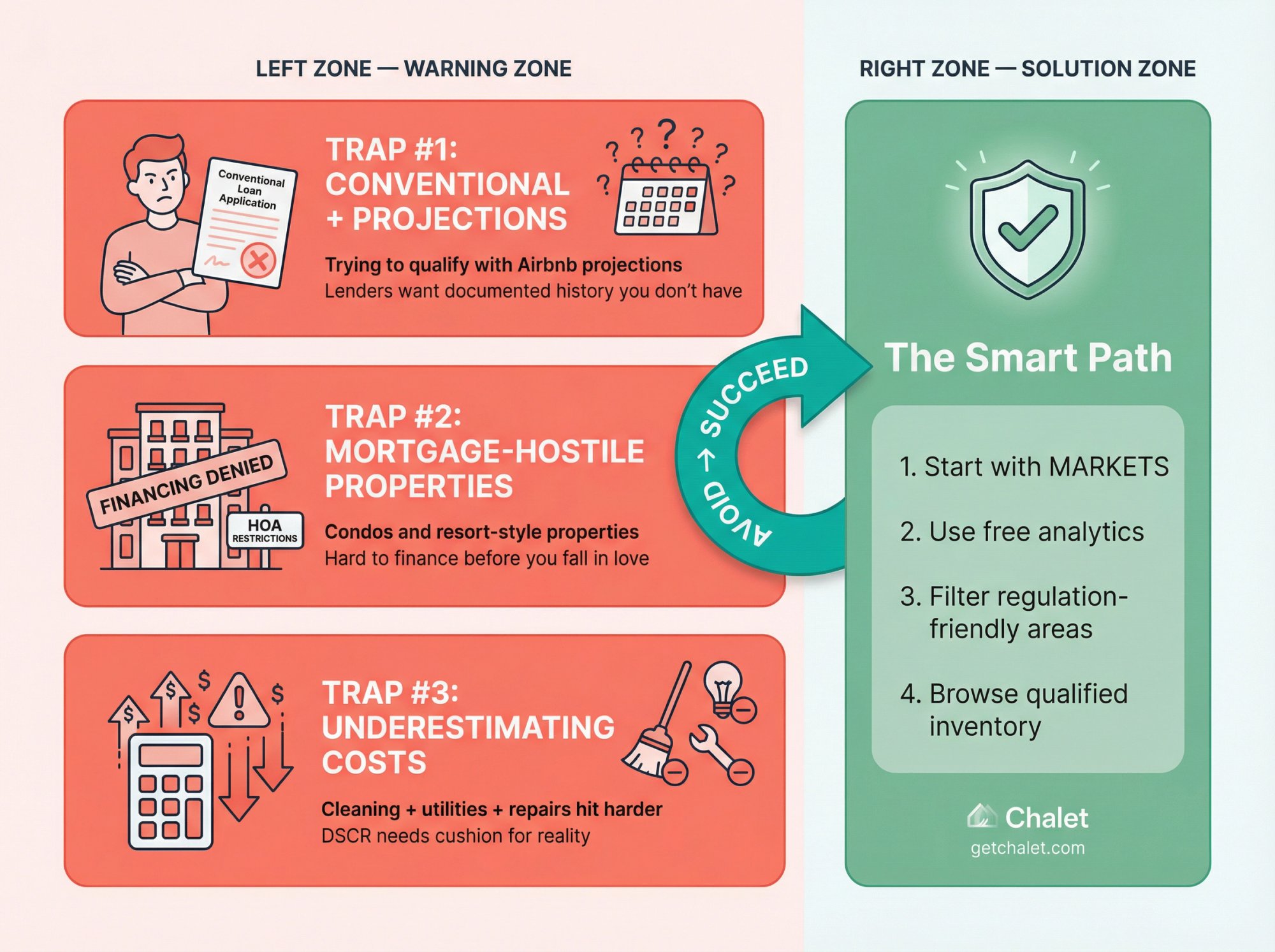 Visual guide showing three critical financing traps first-time Airbnb buyers must avoid and the clear pathway to successful property acquisition