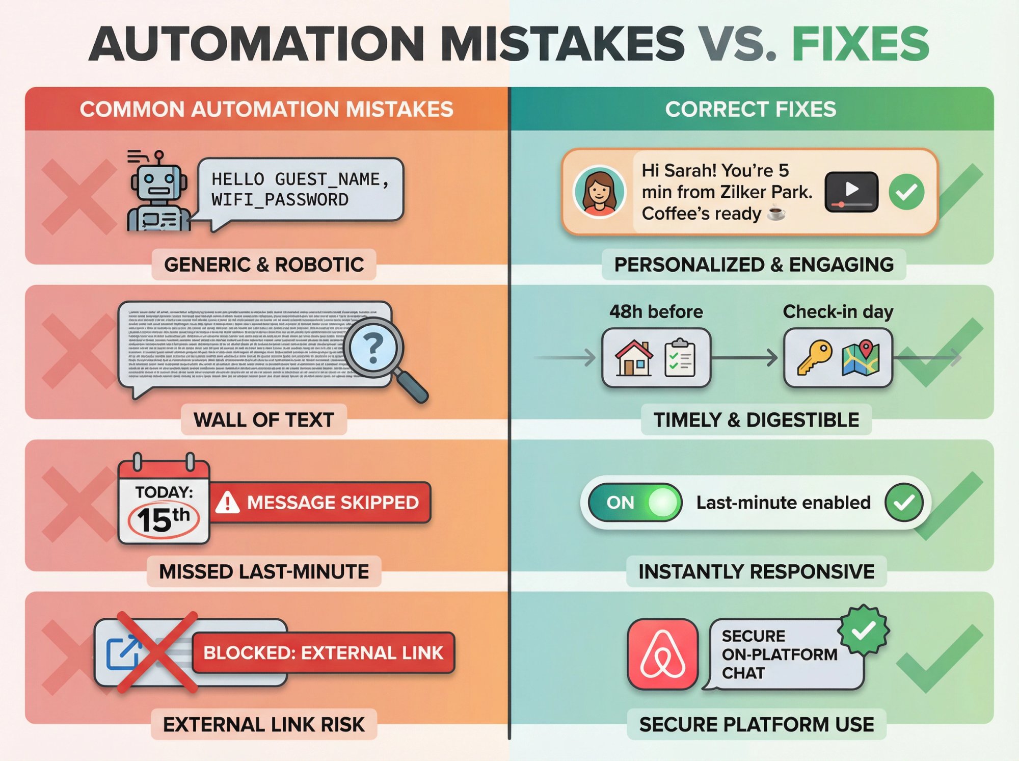 Split-screen comparison showing common Airbnb automation mistakes on left and correct solutions on right