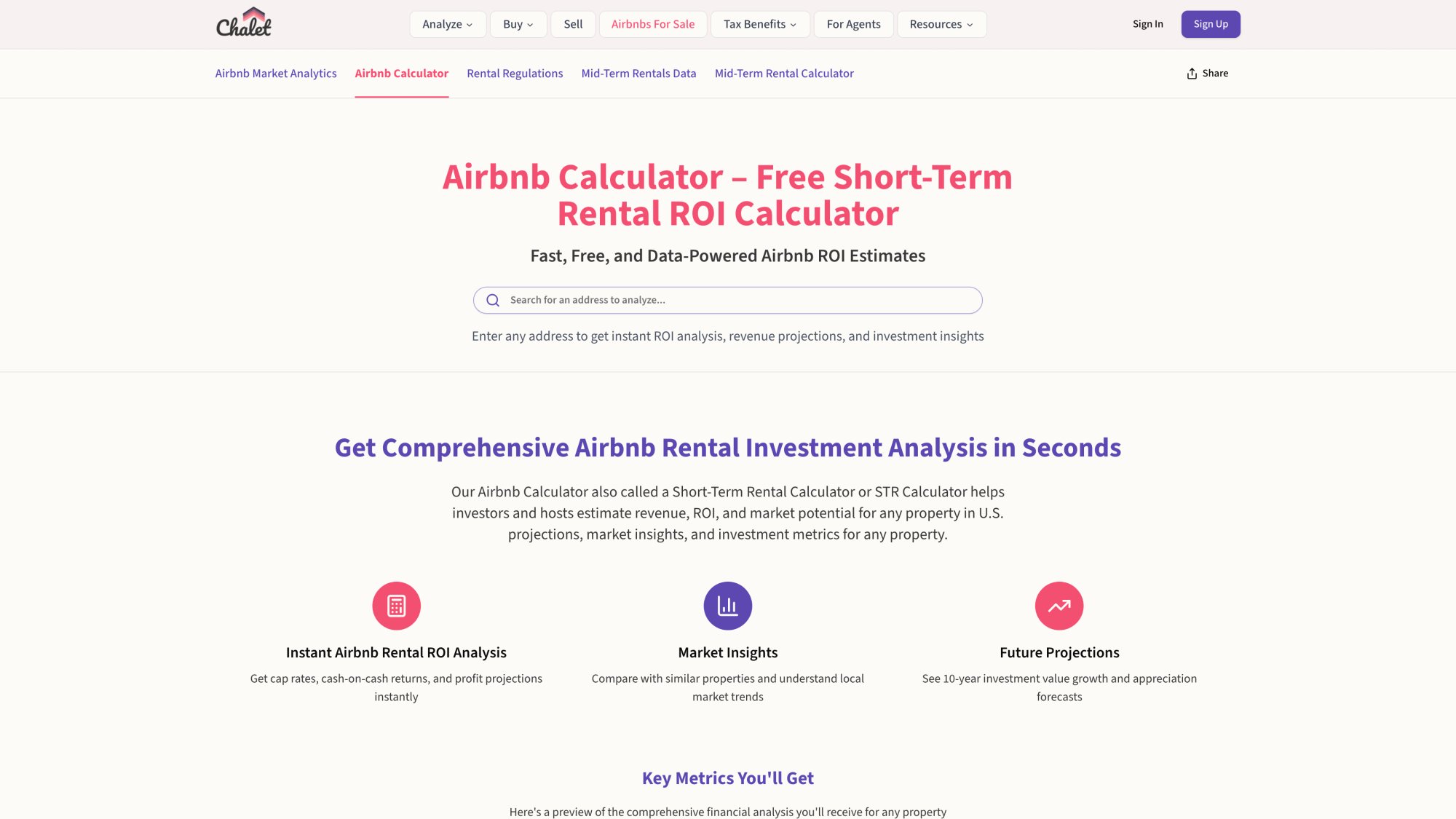 Chalet's ROI calculator tool for analyzing Airbnb investment property cash flow, cap rate, and debt service coverage ratios