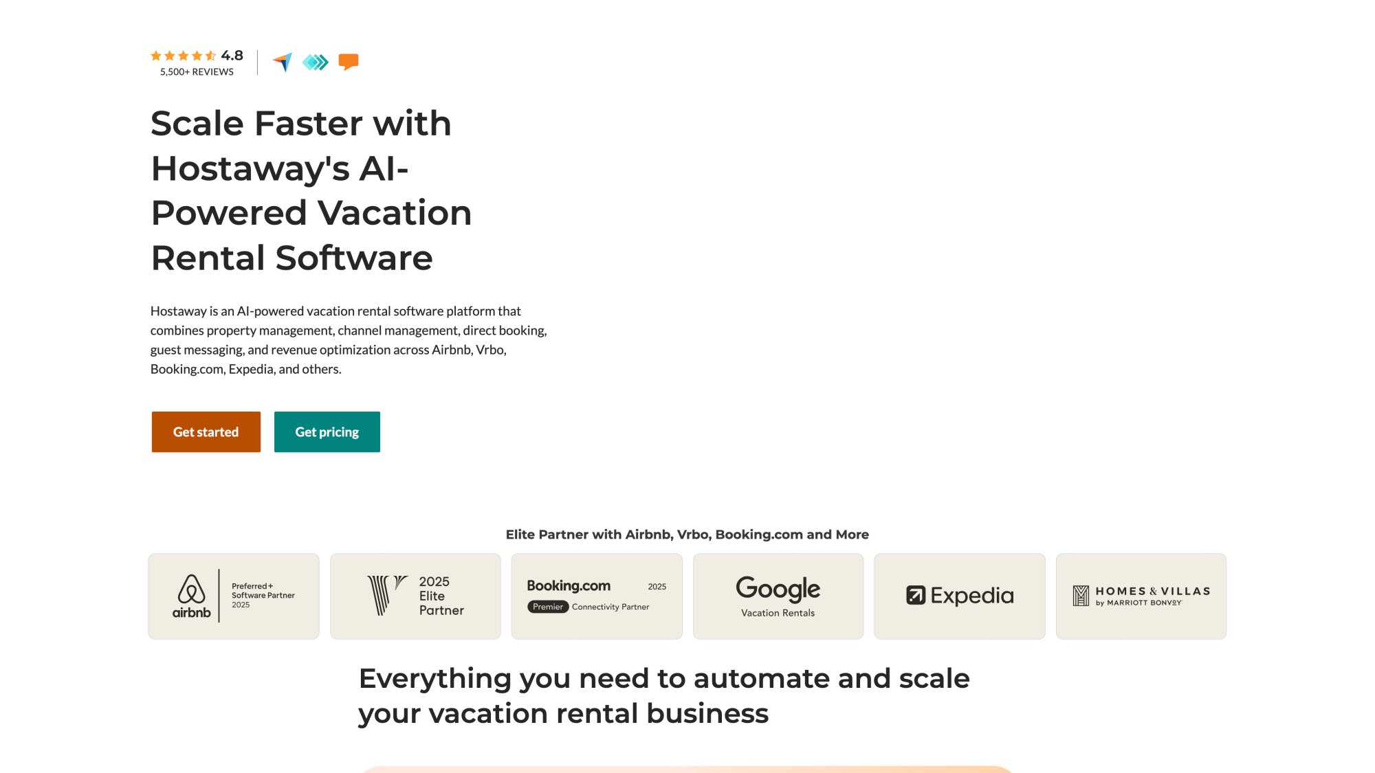 Hostaway vacation rental platform homepage featuring near real-time API sync and multi-channel property management