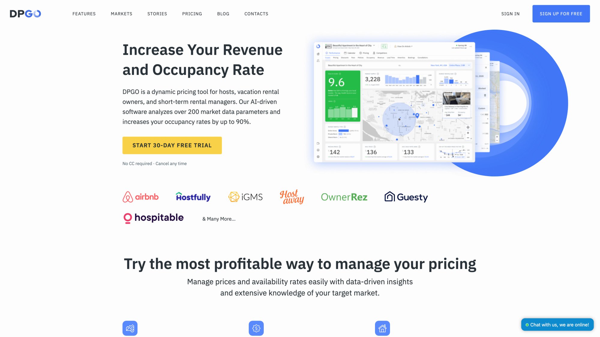 DPGO homepage showcasing AI-powered dynamic pricing with flexible payment options and market analysis tools