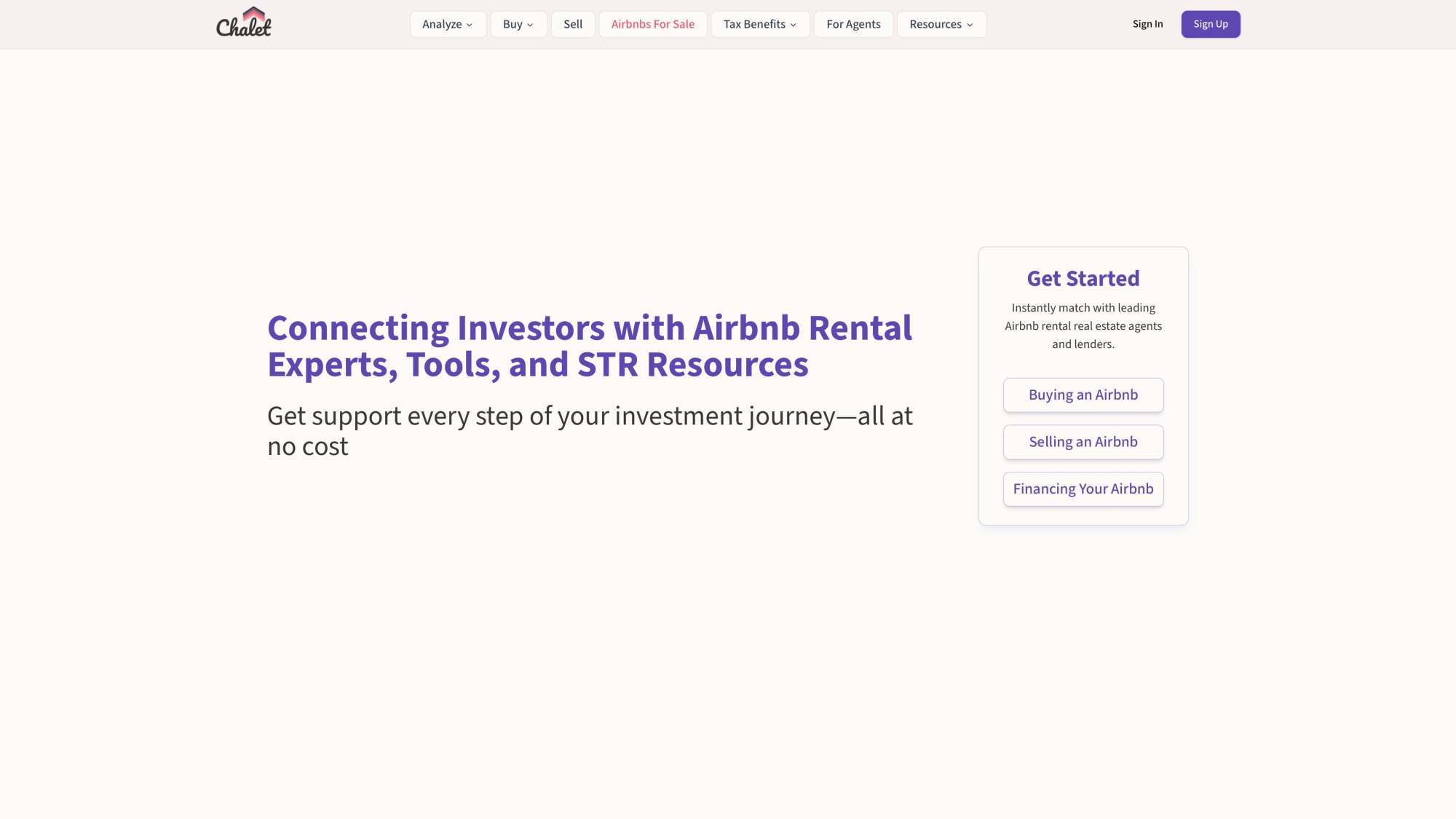 Chalet homepage showing short-term rental investment platform overview