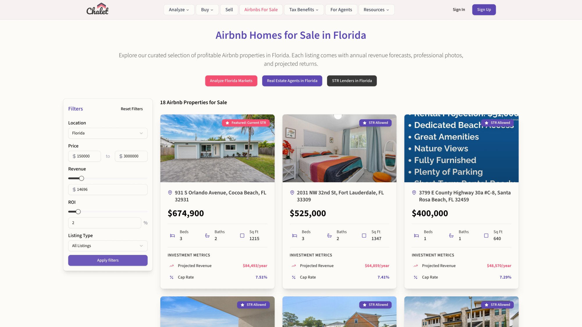 Chalet Florida STR listings page showing properties for sale with analytics
