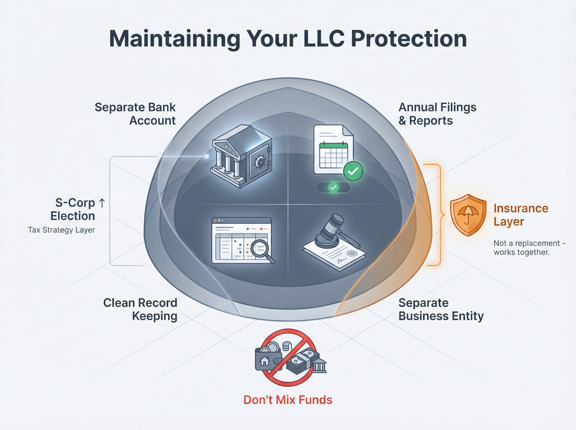 Conceptual diagram showing LLC as layered protection shield with proper maintenance elements and insurance integration