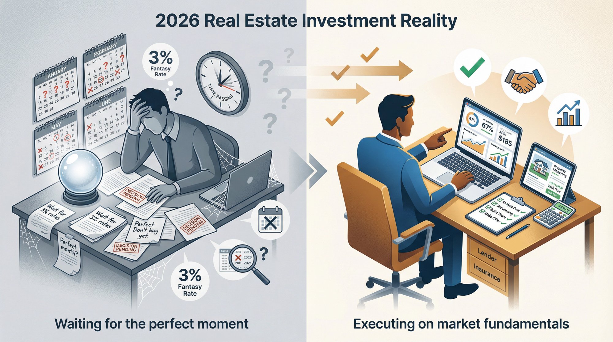 Split illustration contrasting wishful timing obsession with data-driven execution fundamentals for Airbnb investment success