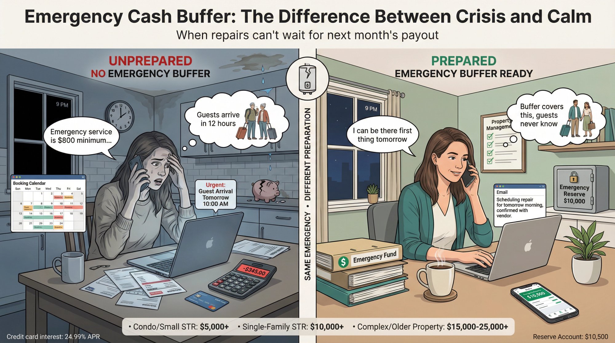 Split comparison showing unprepared vs prepared Airbnb host responses to emergency water heater failure