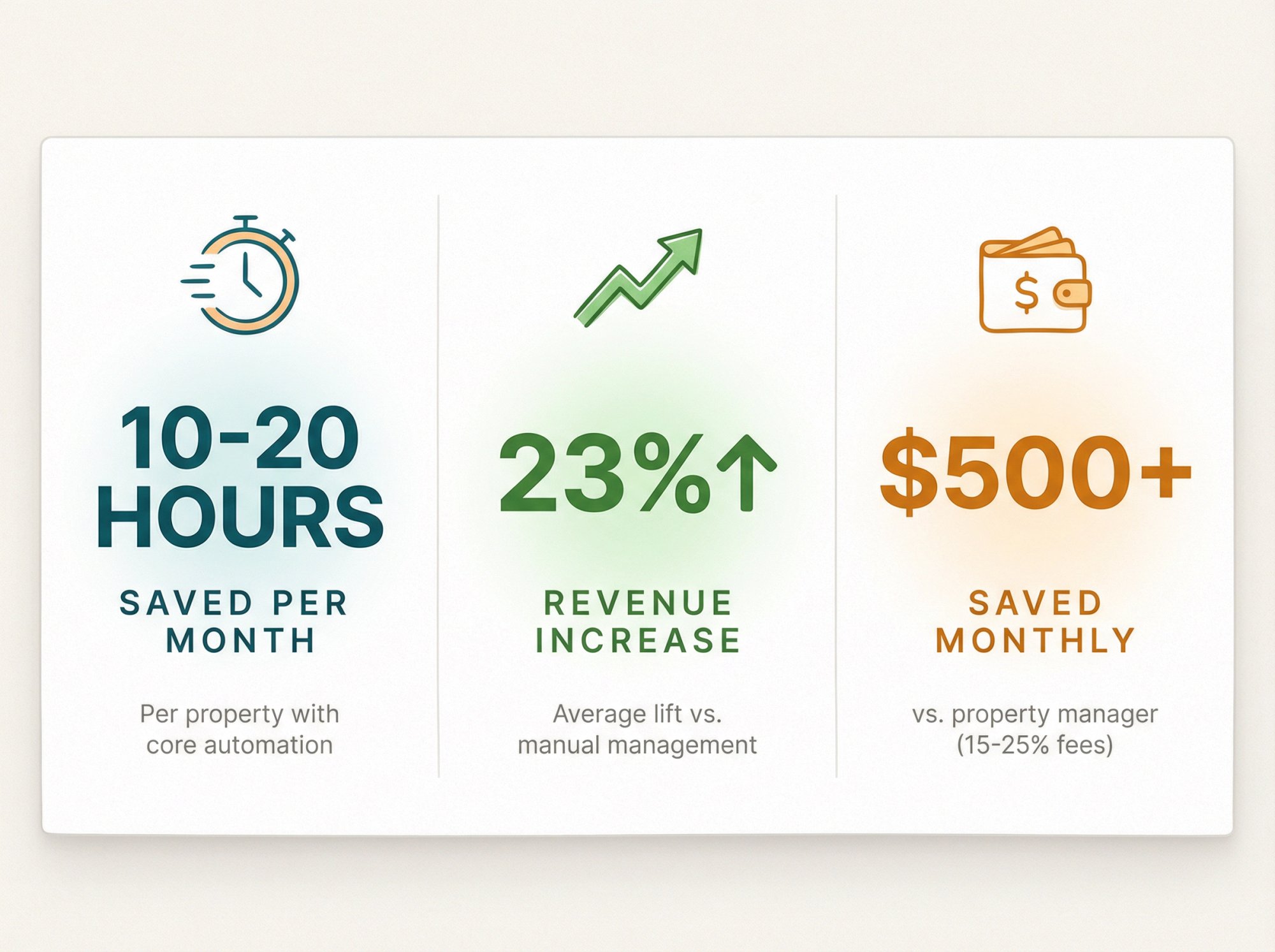 Data dashboard showing Airbnb automation benefits: 10-20 hours saved monthly, 23% revenue increase, and $500+ cost savings