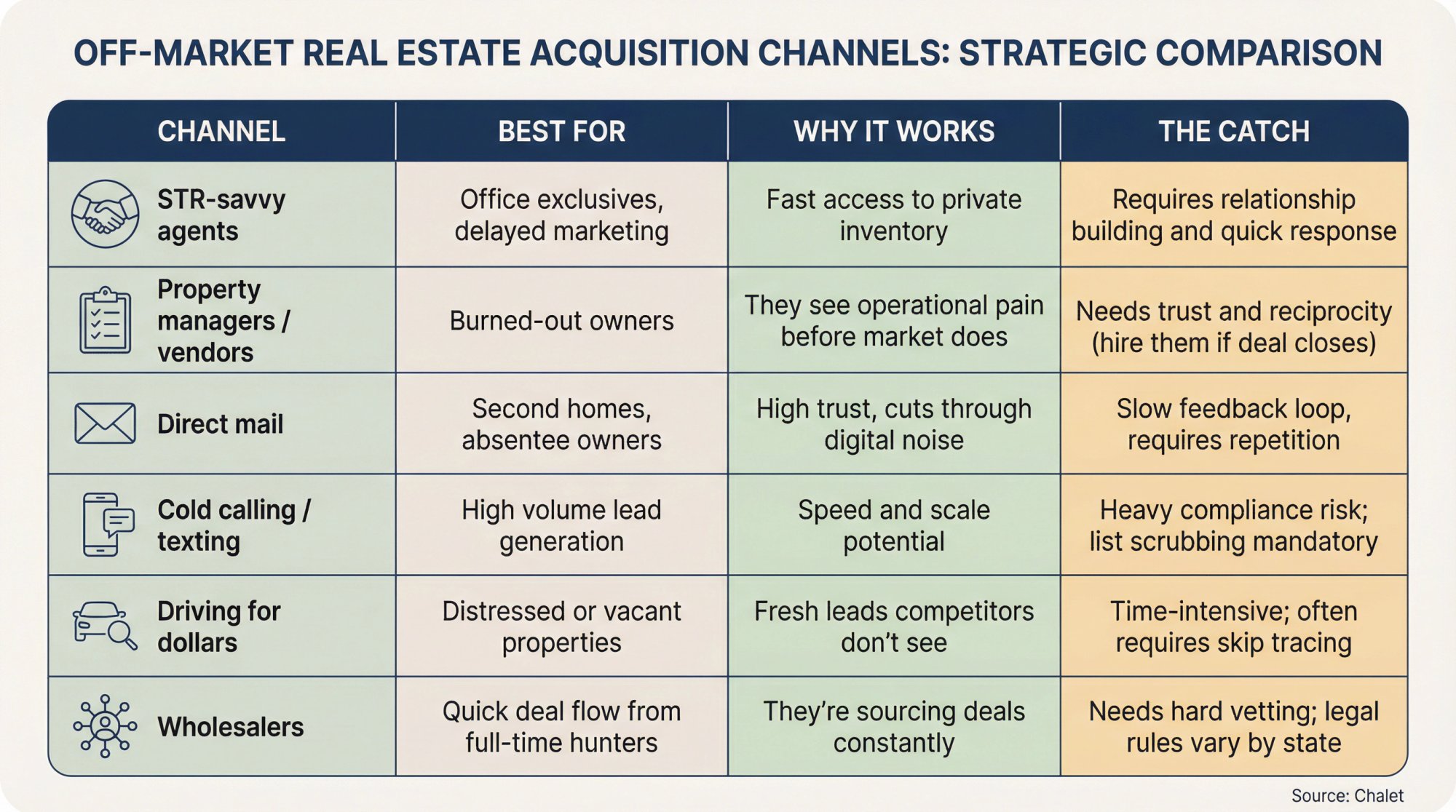 Visual comparison chart of 6 off-market Airbnb deal sourcing channels showing best use cases, advantages, and drawbacks for each strategy