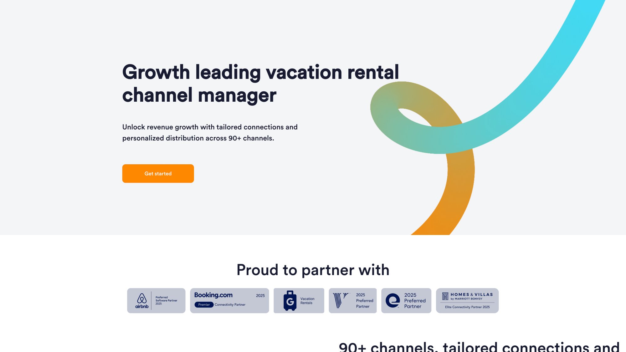 Rentals United channel manager homepage displaying multi-channel distribution platform with 90+ OTA connections