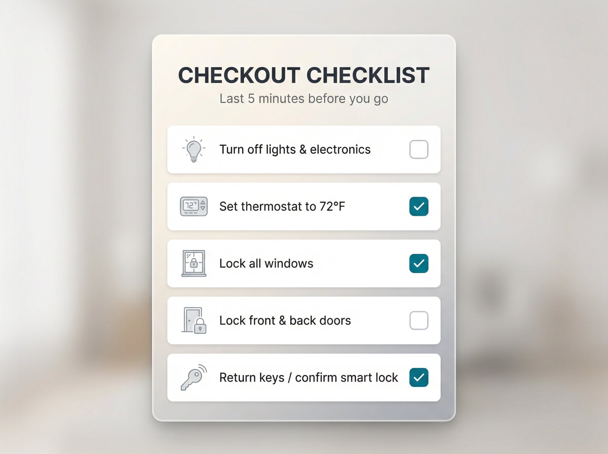 Digital checkout checklist card showing 5 final tasks: turn off lights, set thermostat, lock windows, lock doors, return keys, with checkboxes and subtle icons
