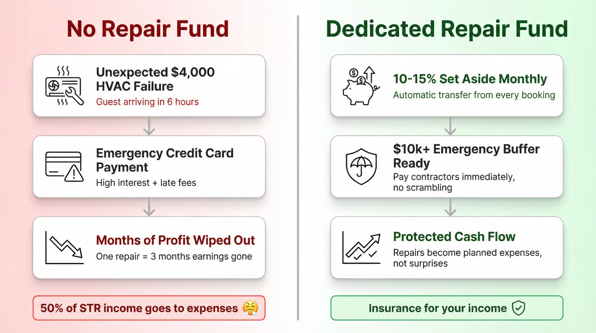Split comparison showing unprepared vs prepared STR hosts: left side shows financial chaos from unexpected repairs, right side shows protected income with dedicated repair fund
