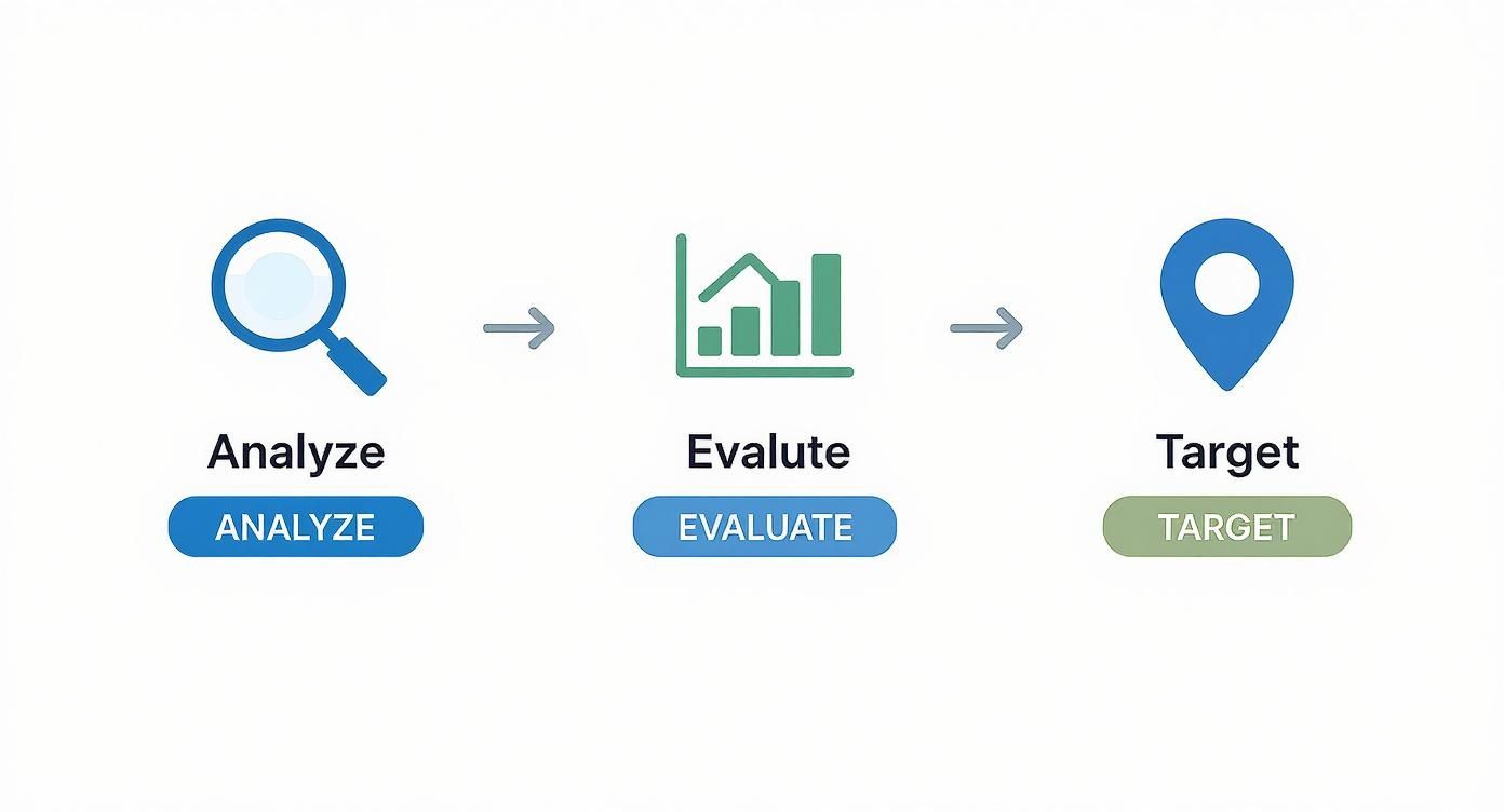 Three-step business process workflow showing analyze, evaluate, and target stages with icons and buttons