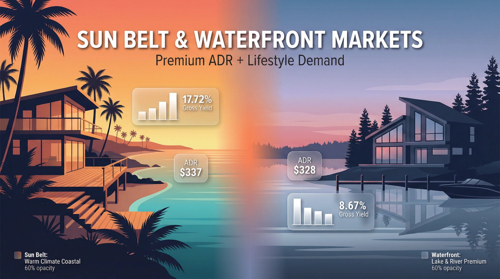 Premium Sun Belt and waterfront Airbnb markets featuring warm-climate coastal properties and lakefront vacation rentals with high ADR potential