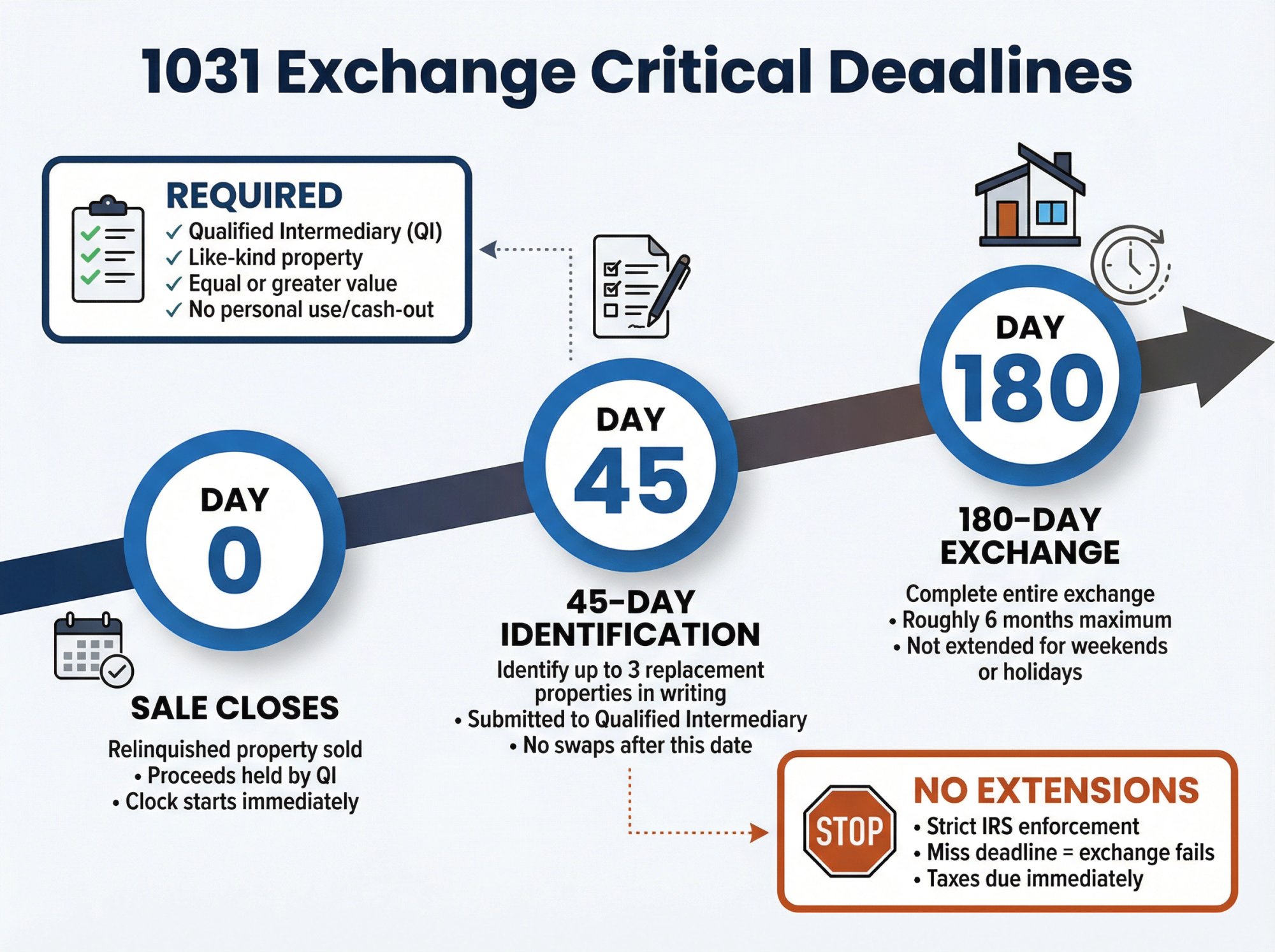 Timeline infographic showing 1031 exchange's strict 45-day and 180-day deadlines with no extensions