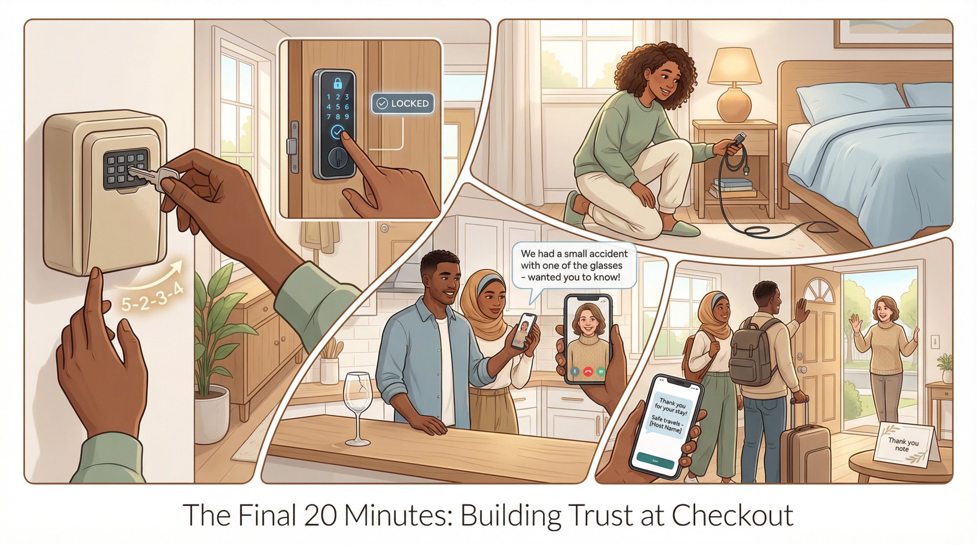 Guest checkout experience showing key return methods, belongings verification, and warm send-off in modern illustration style