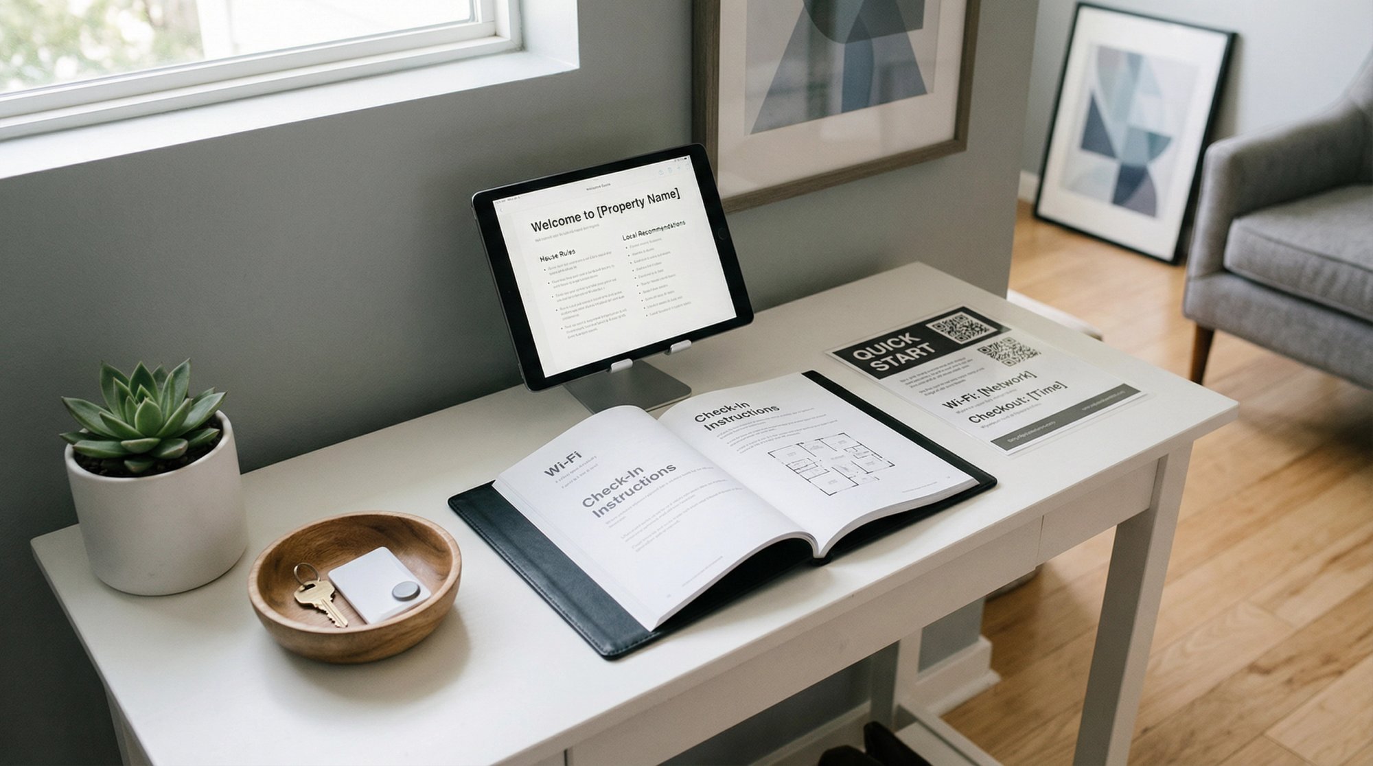 Modern Airbnb welcome book with digital tablet and printed quick-start guide on entry table