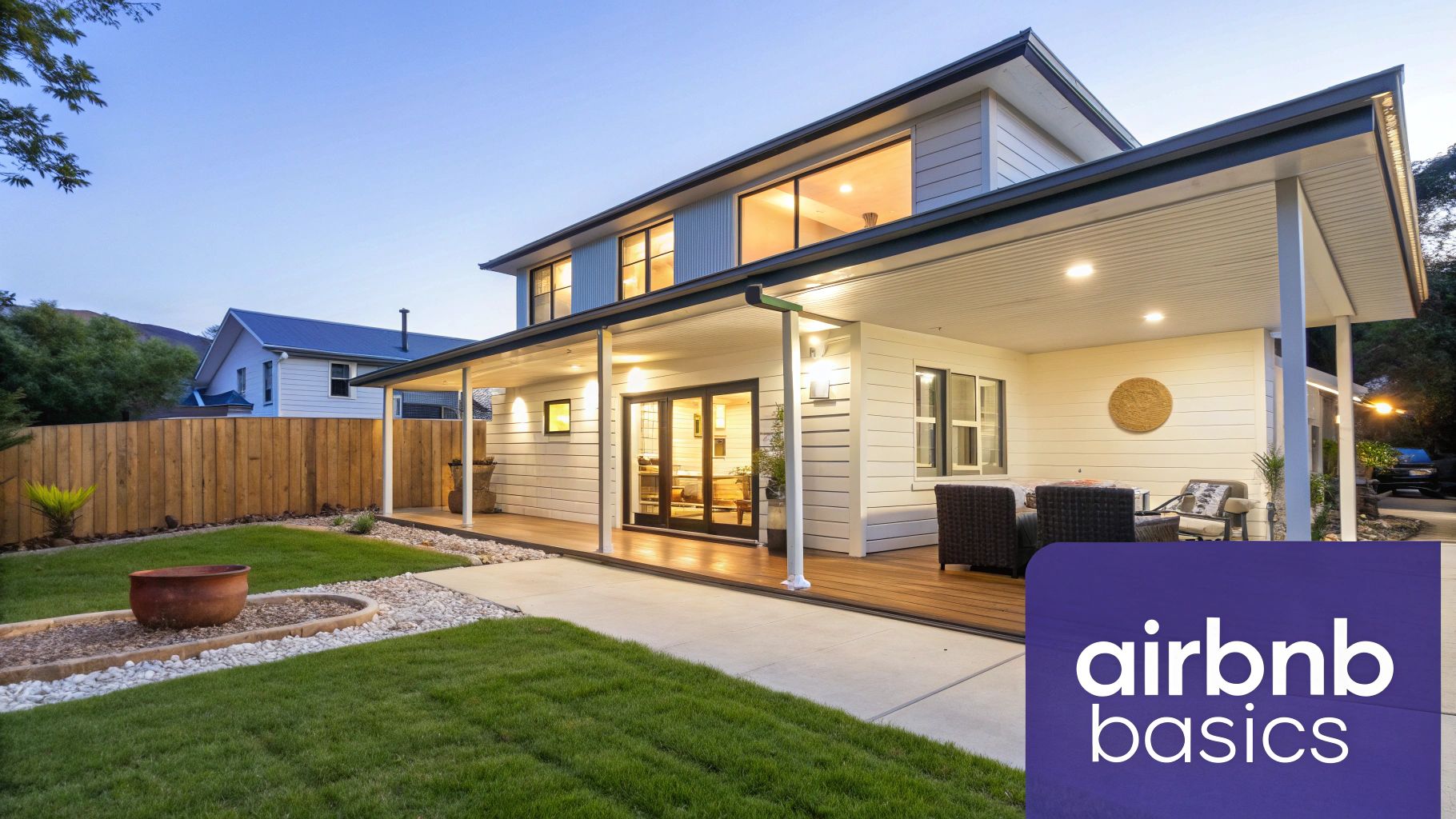 A modern, bright living room and kitchen in an Airbnb property, ready for guests.